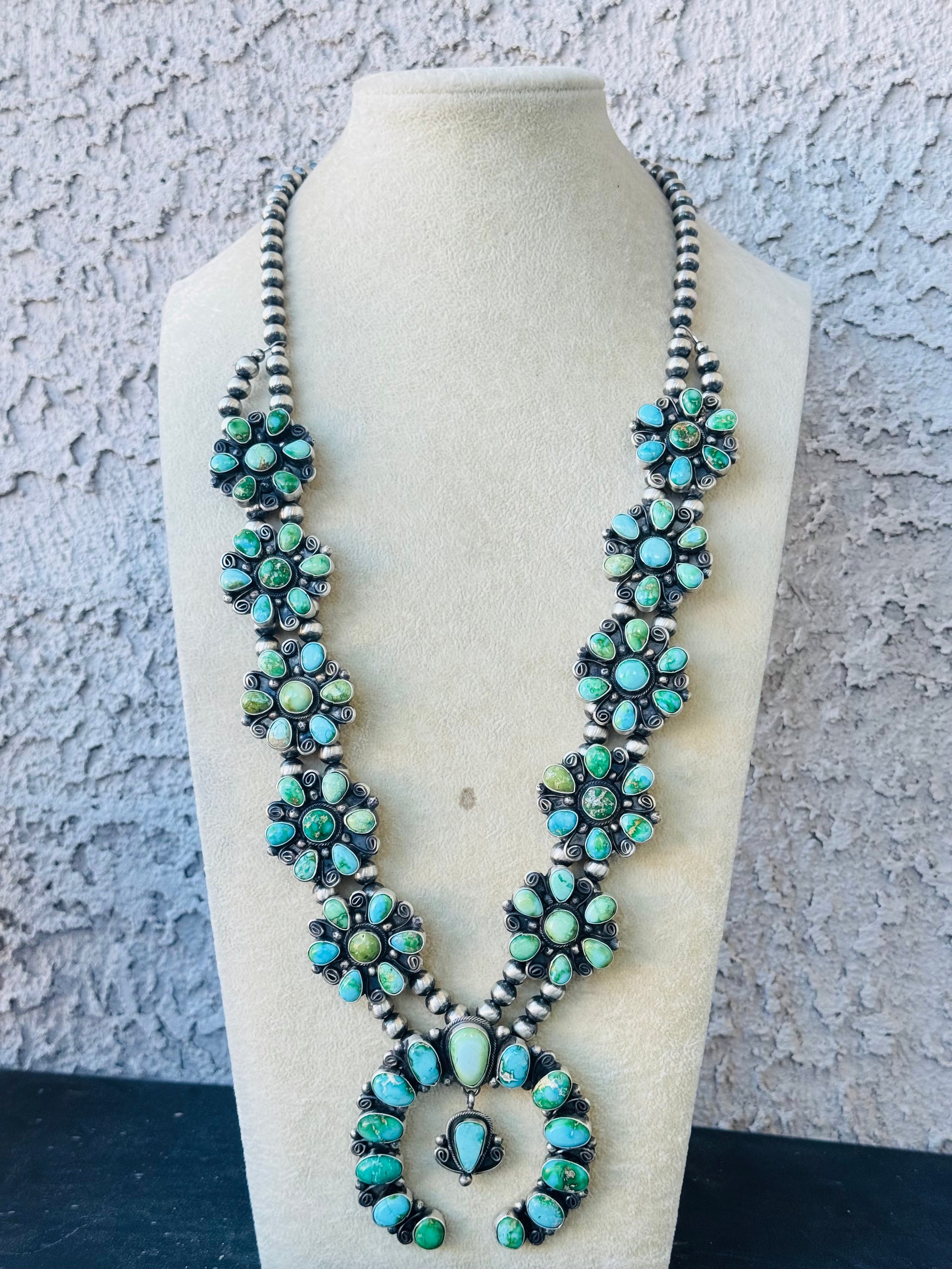 Travis J. Sonoran Mountain Turquoise & Sterling Silver Cluster Squash Necklace Set