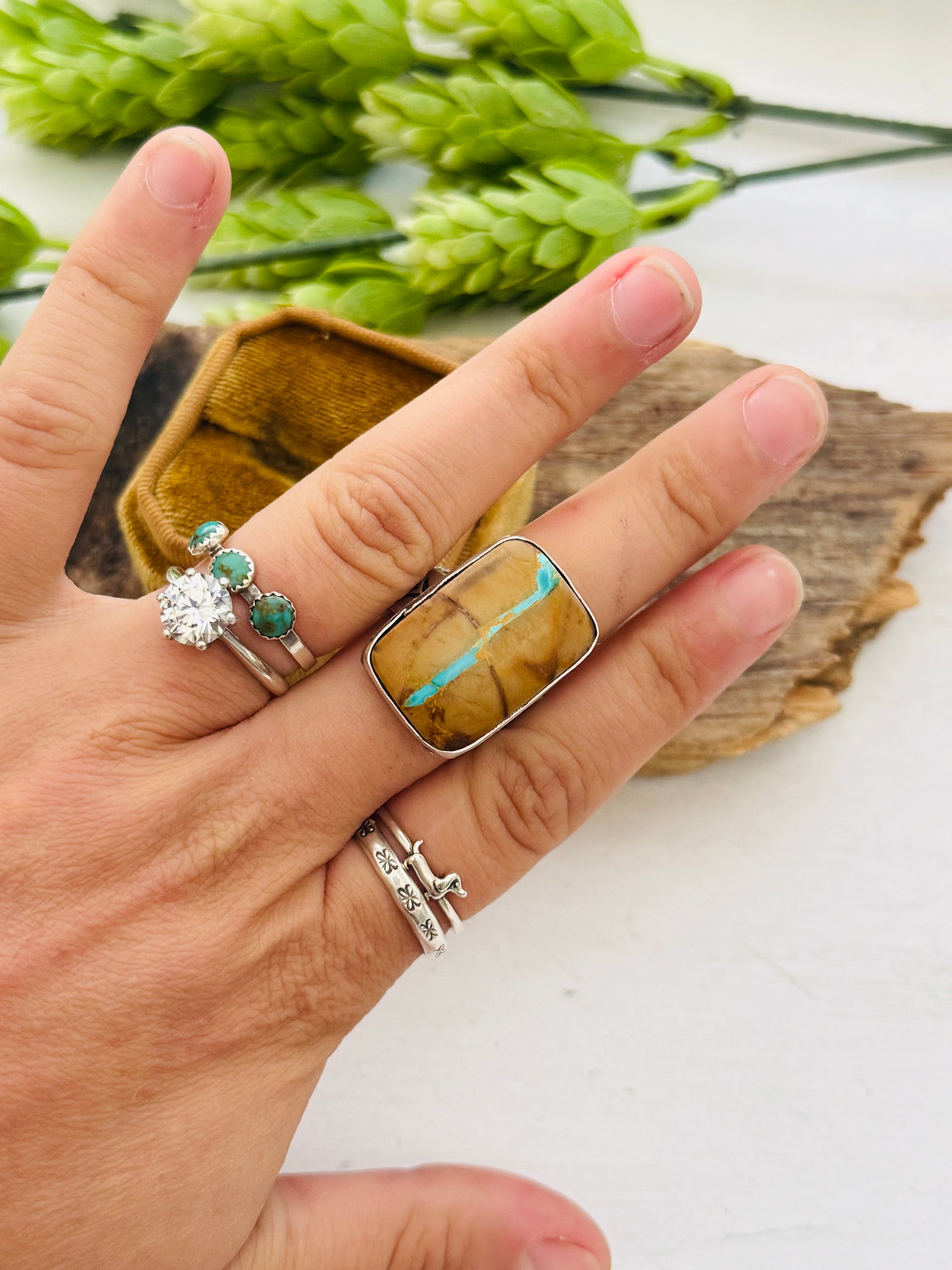 Navajo Made Boulder Turquoise & Sterling Silver Adjustable Ring
