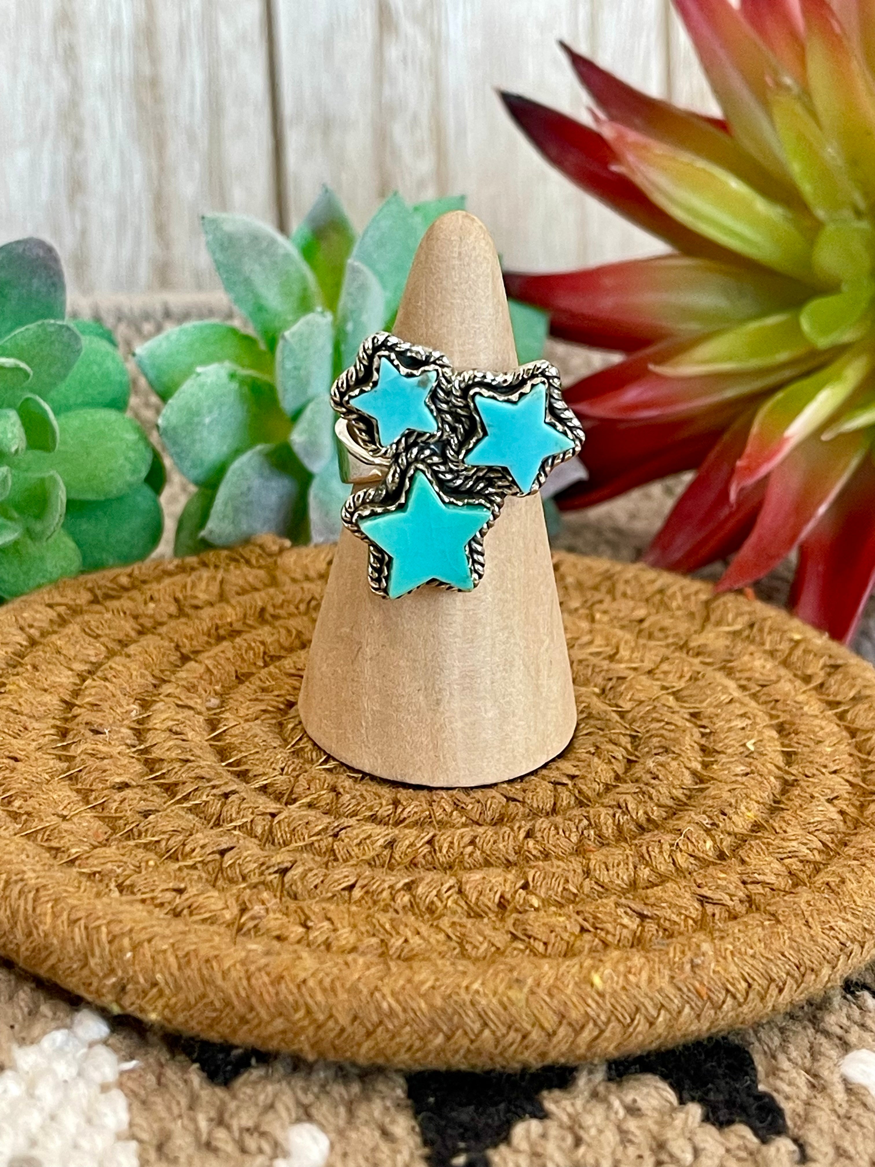 Southwest Handmade Kingman Turquoise & Sterling Silver Adjustable Star Ring