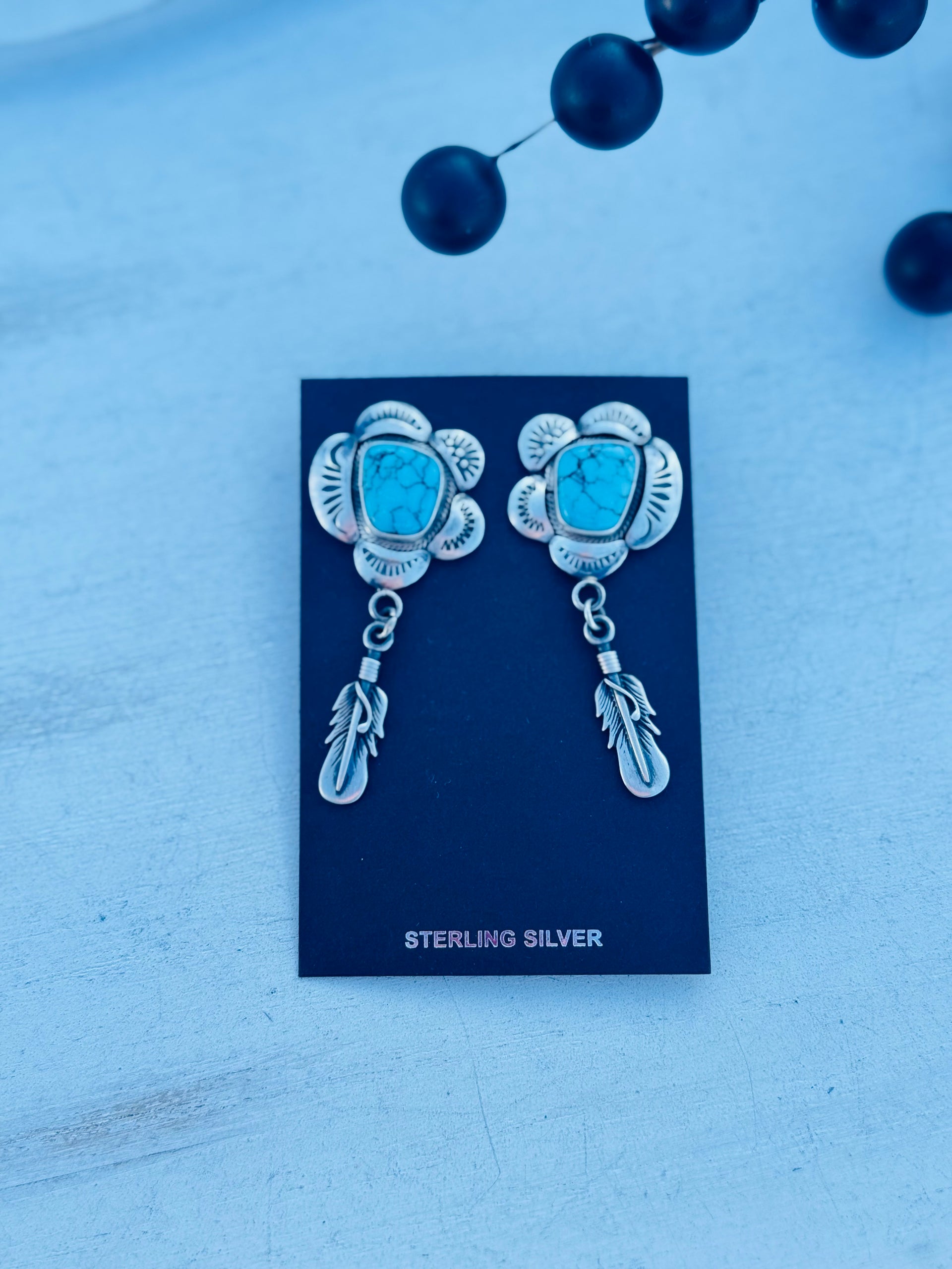 Navajo Made Egyptian Turquoise & Sterling Silver Post Dangle Earrings