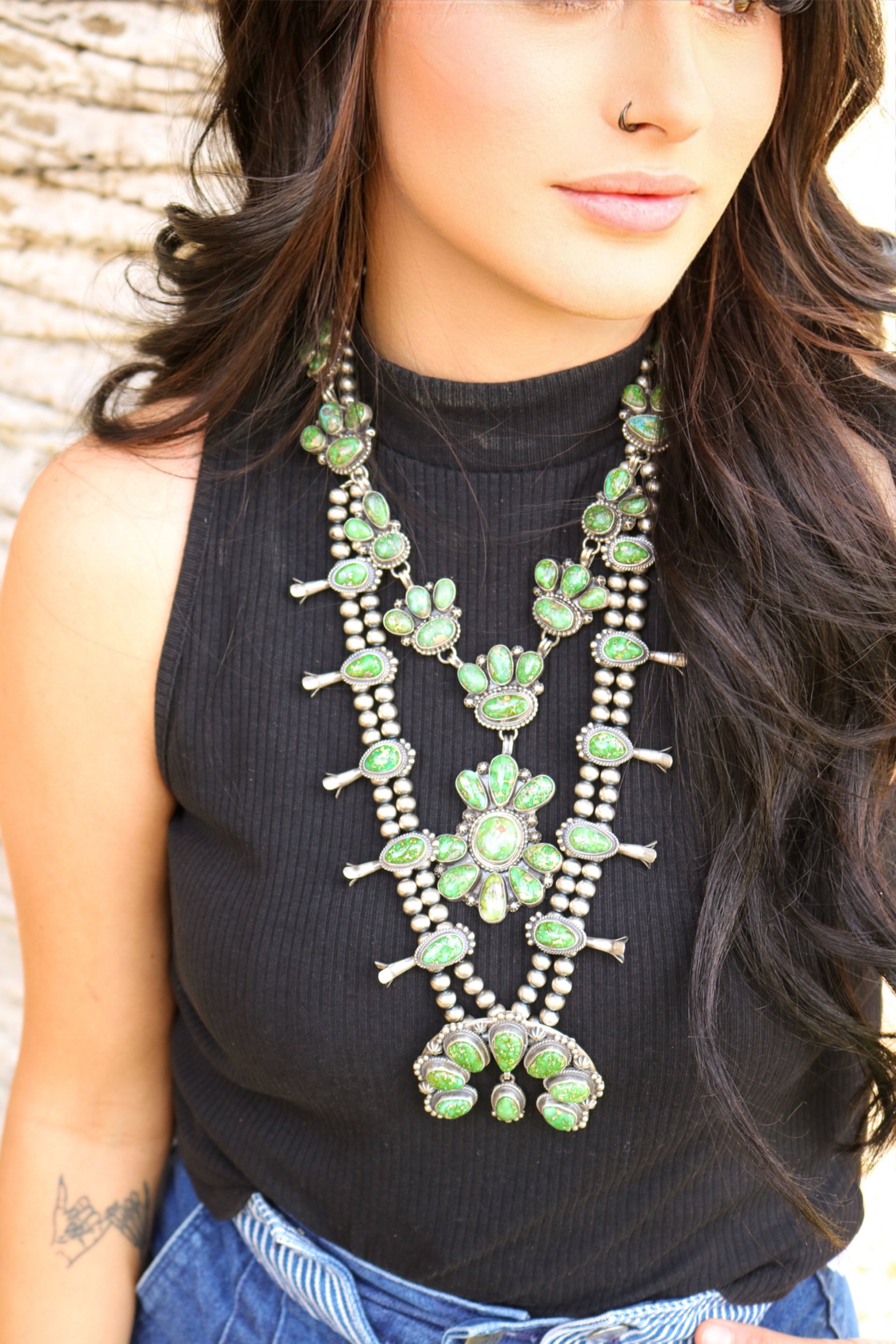 Navajo Made Sonoran Gold Turquoise & Sterling Silver Cluster Necklace Set