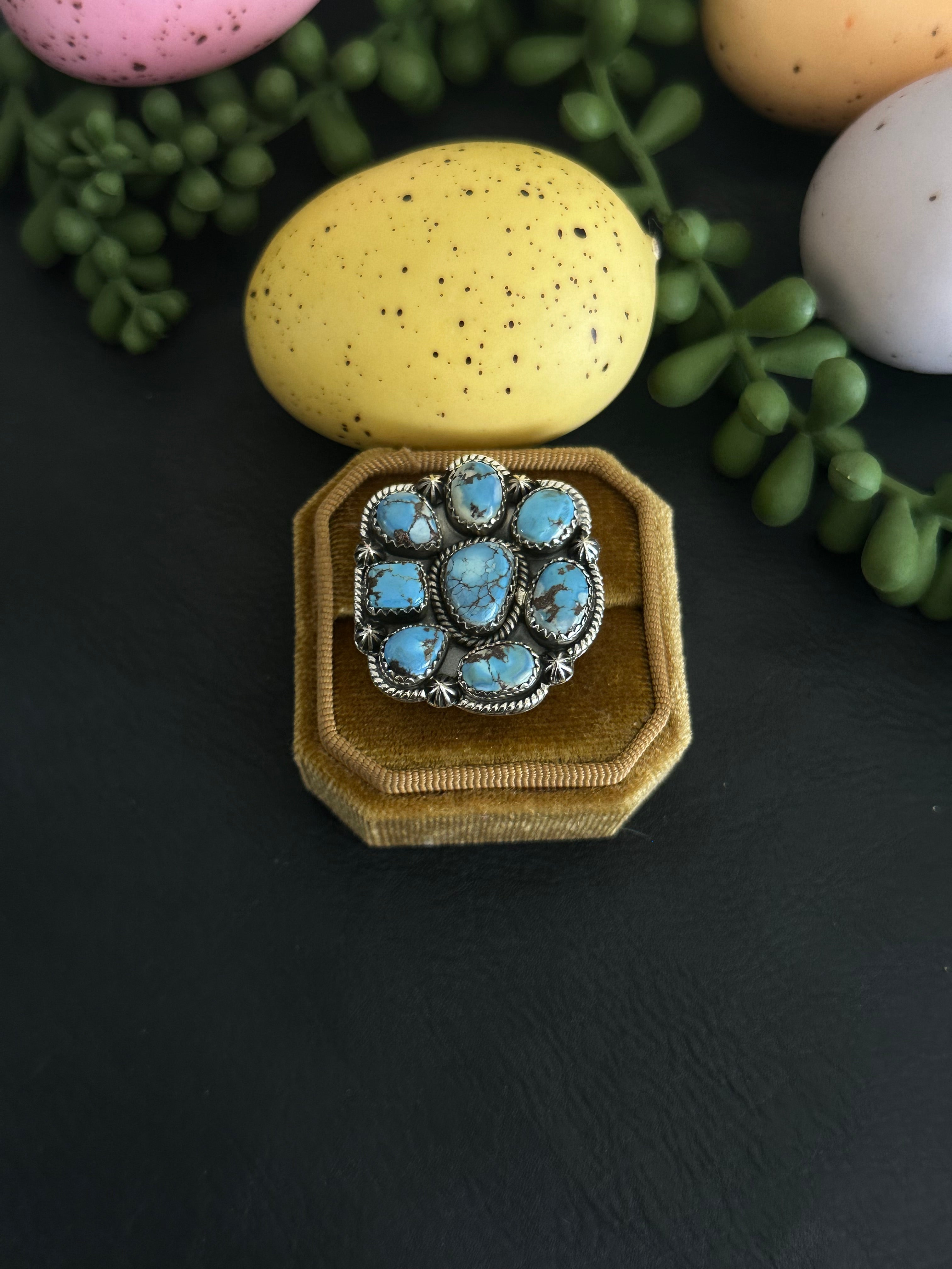 Southwest Handmade Golden Hills Turquoise & Sterling Silver Adjustable Cluster Ring