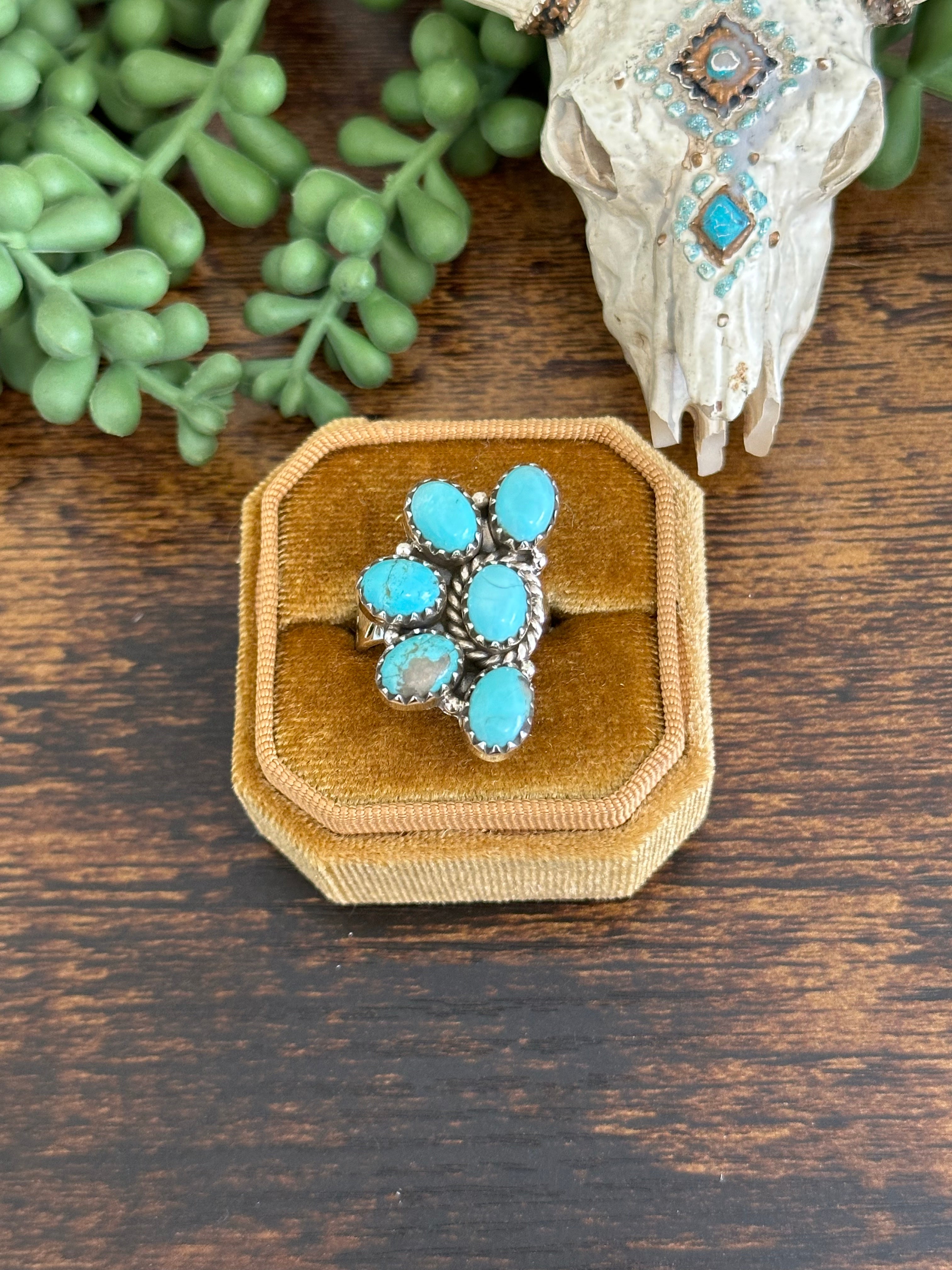 Southwest Handmade Kingman Turquoise & Sterling Silver Adjustable Cluster Ring