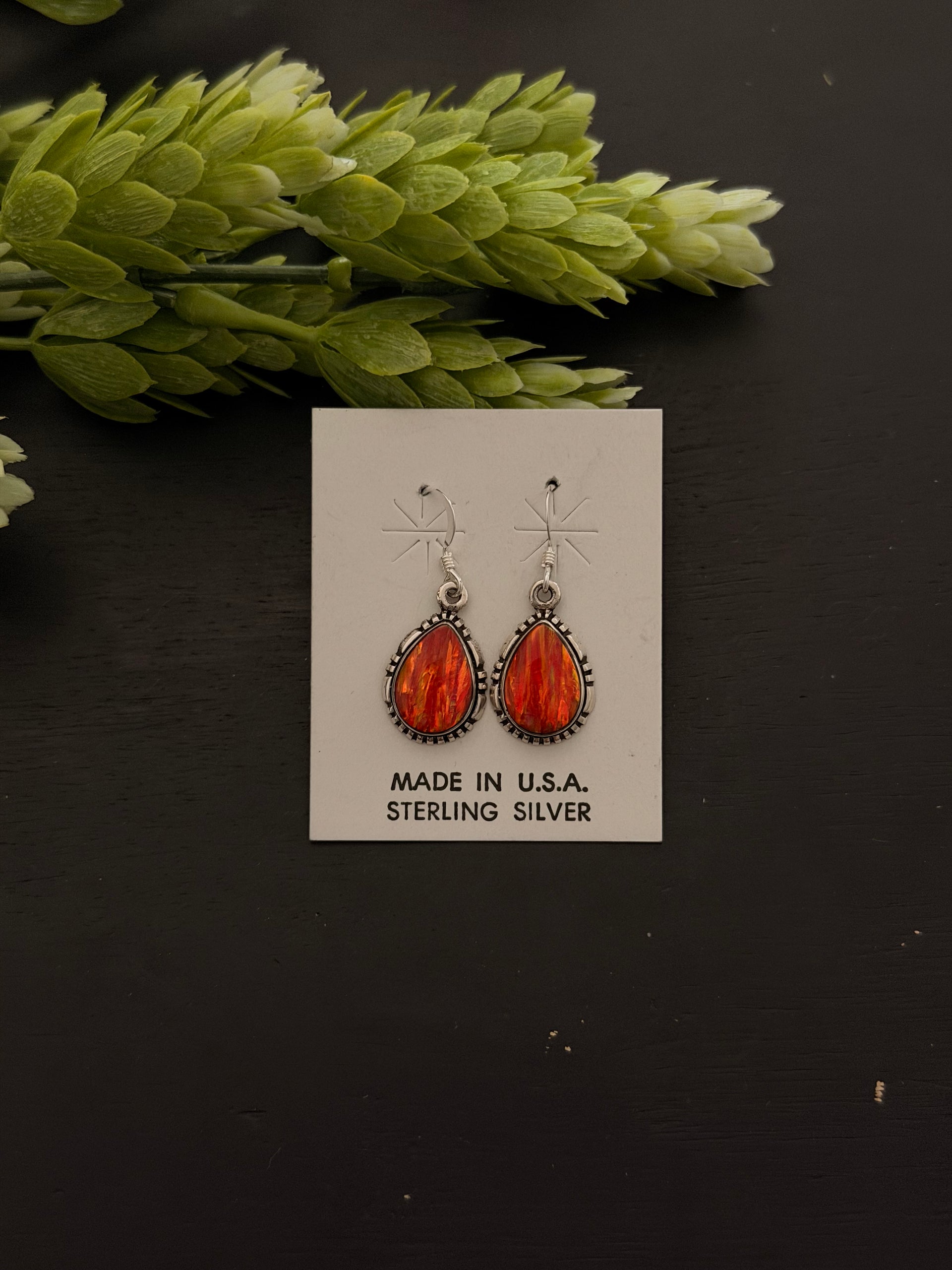 Navajo Made Orange Opal (Man Made) & Sterling Silver Dangle Earrings