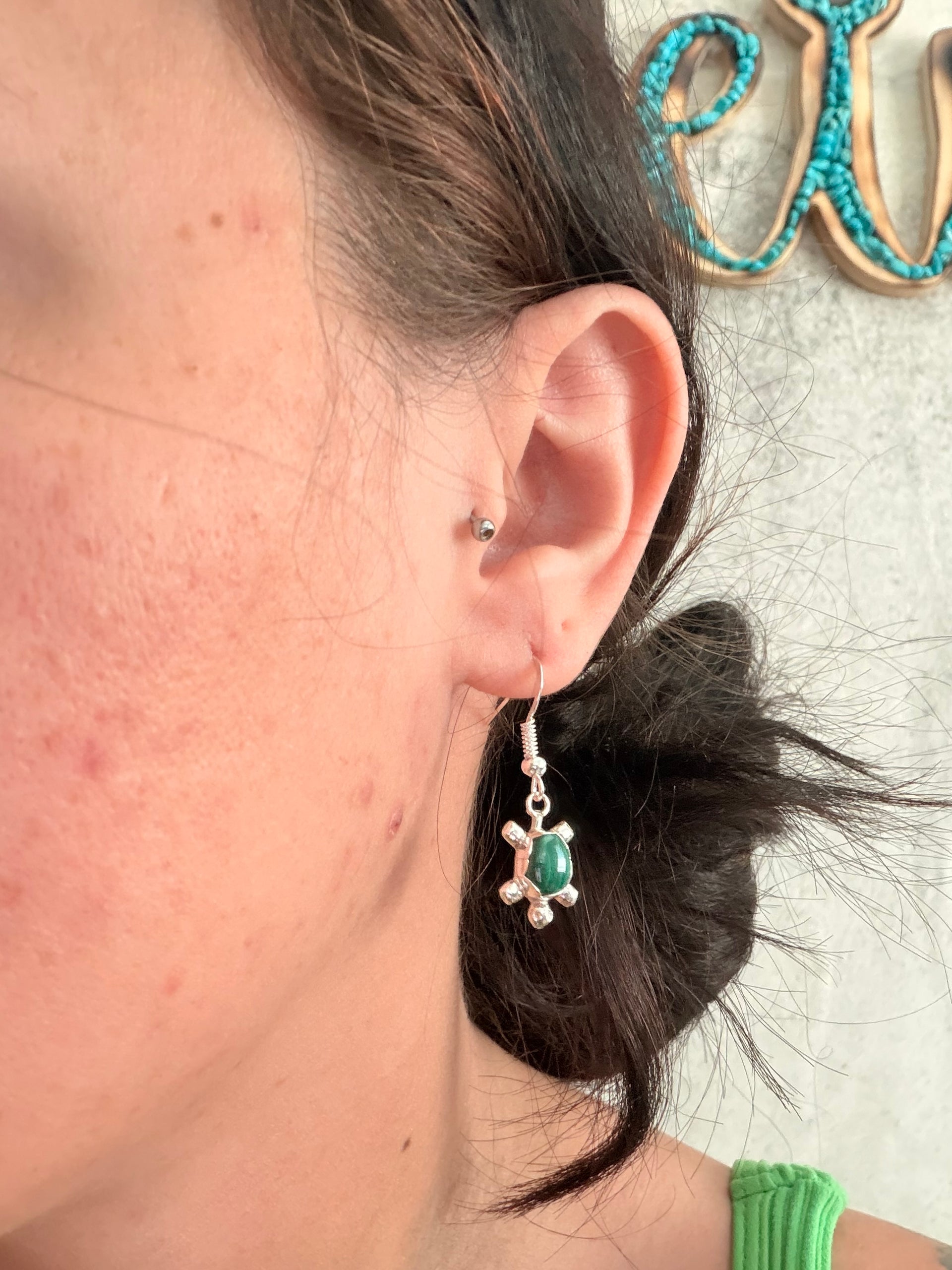 Navajo Made Malachite & Sterling Silver Turtle Dangle Earrings