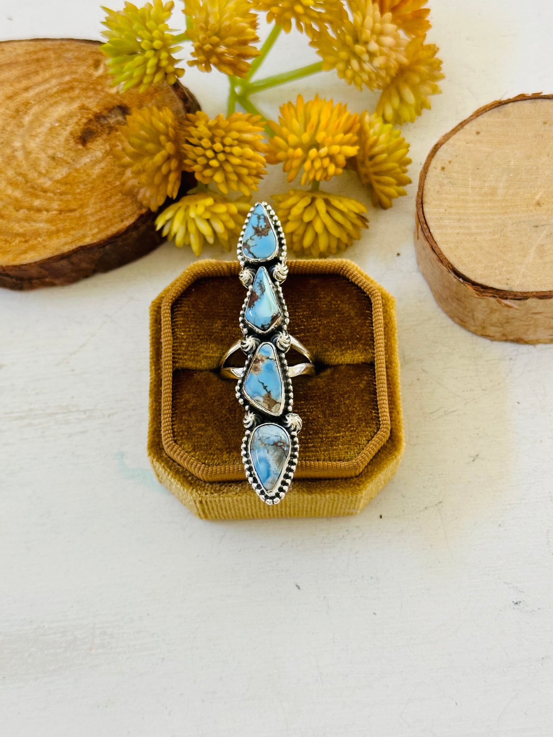 Southwest Handmade Golden Hills Turquoise & Sterling Silver Ring Size 6.25