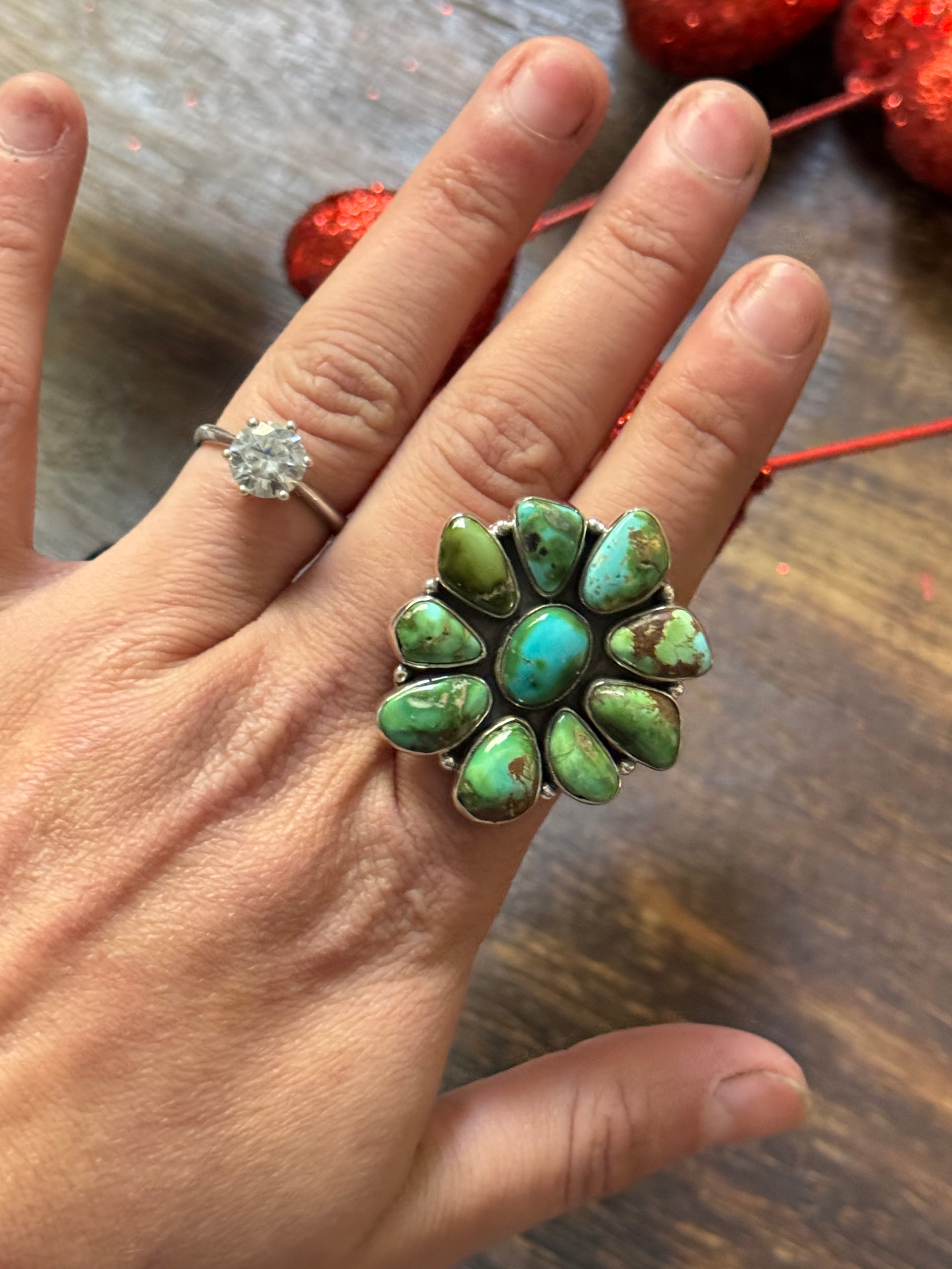 Southwest Handmade Sonoran Mountain Turquoise & Sterling Silver Adjustable Cluster Ring