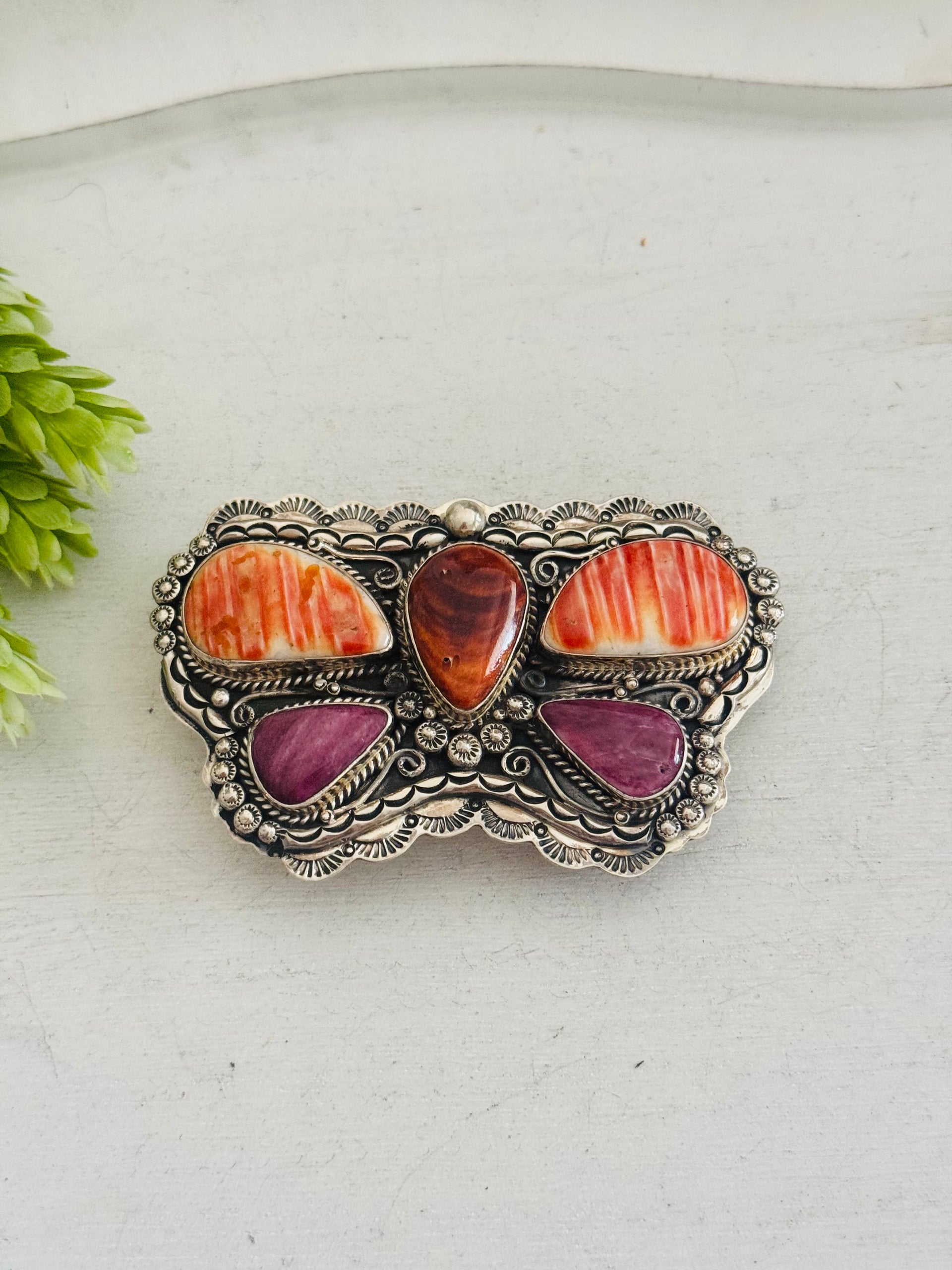 Lorenzo James Spiny Oyster & Sterling Silver Dragonfly Belt Buckle