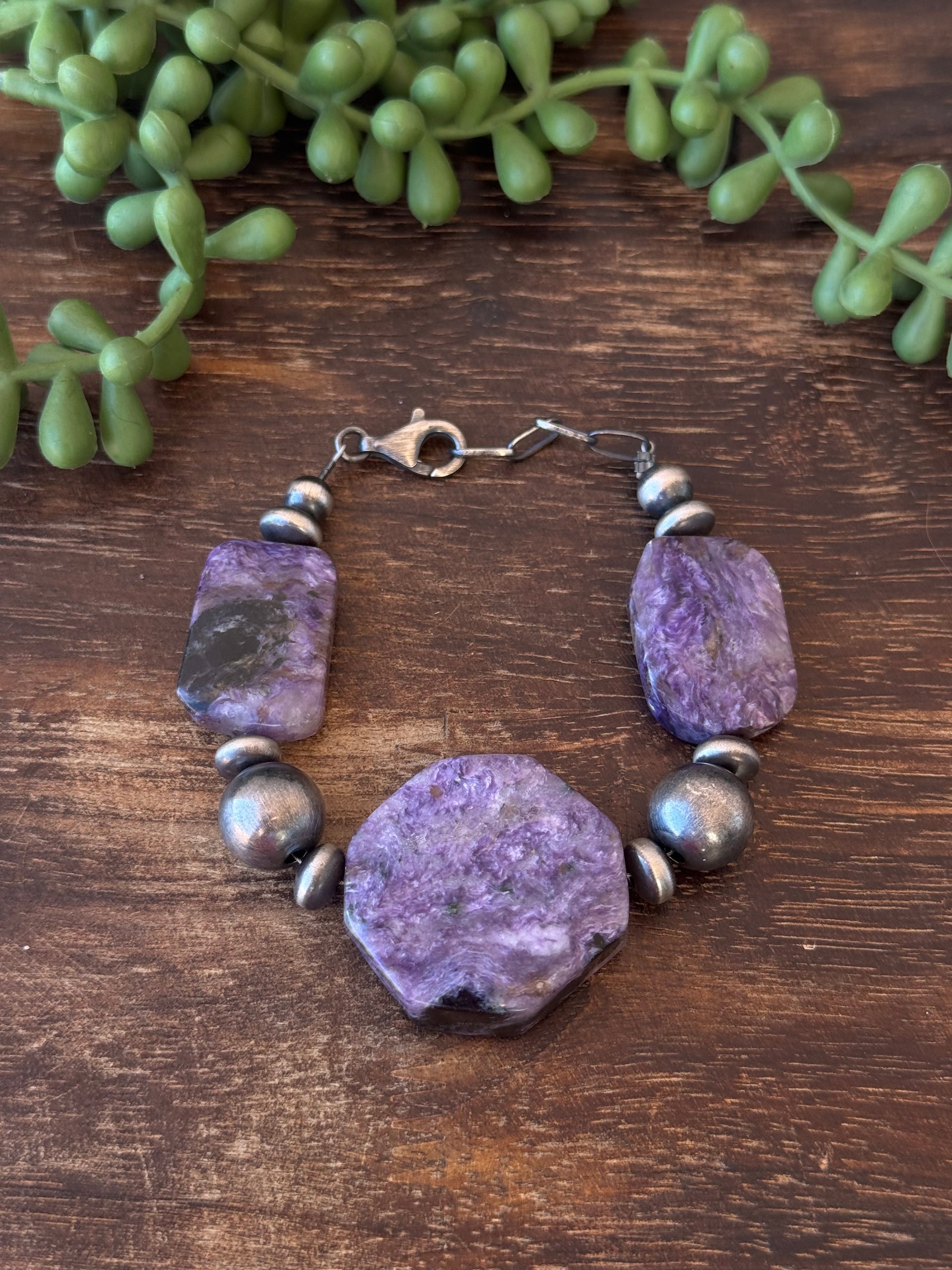 Navajo Strung Charoite & Sterling Silver Pearl Bracelet