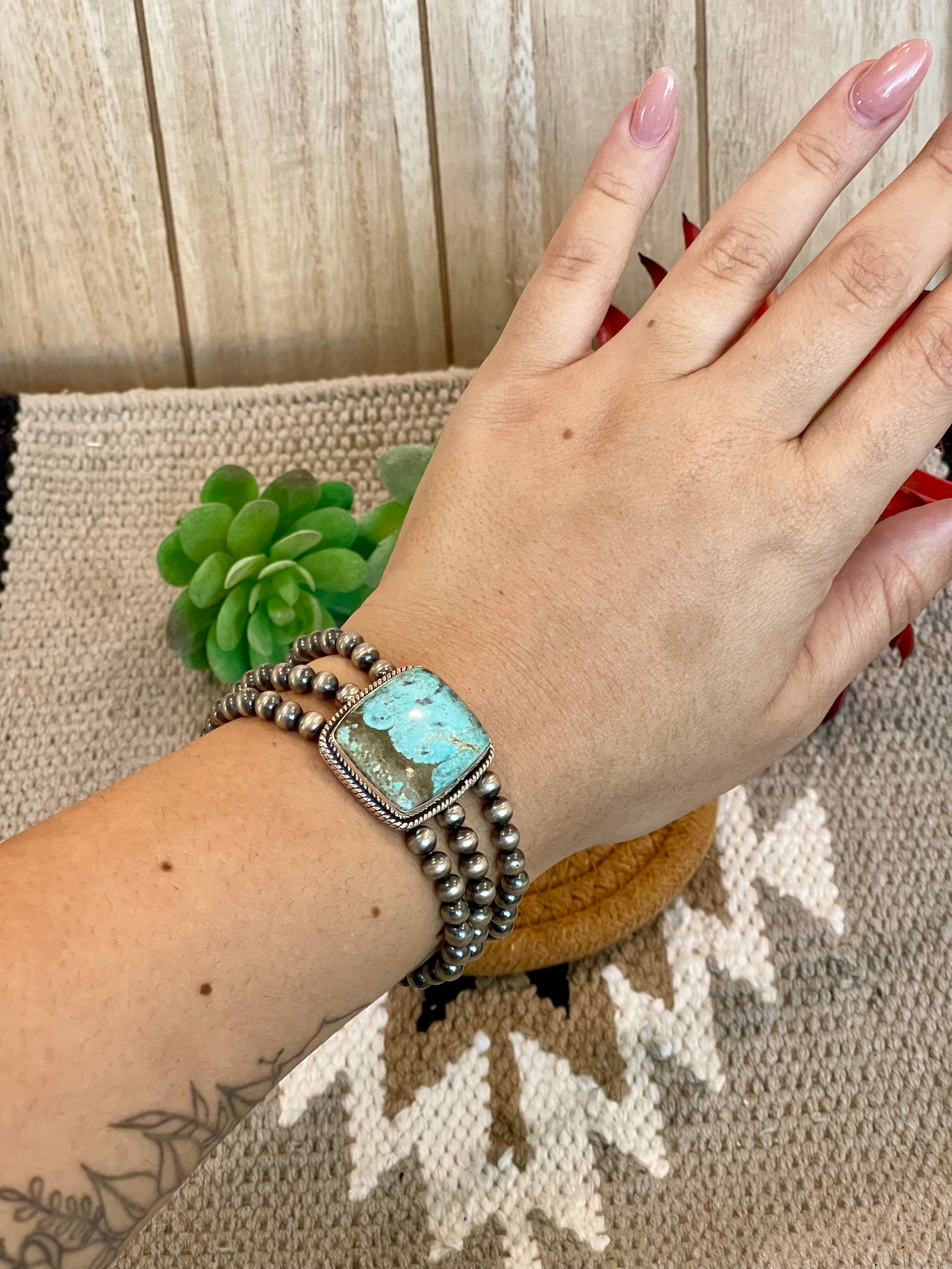 Southwest Handmade Number 8 Turquoise & Sterling Silver 3 Strand Beaded Stretch Bracelet