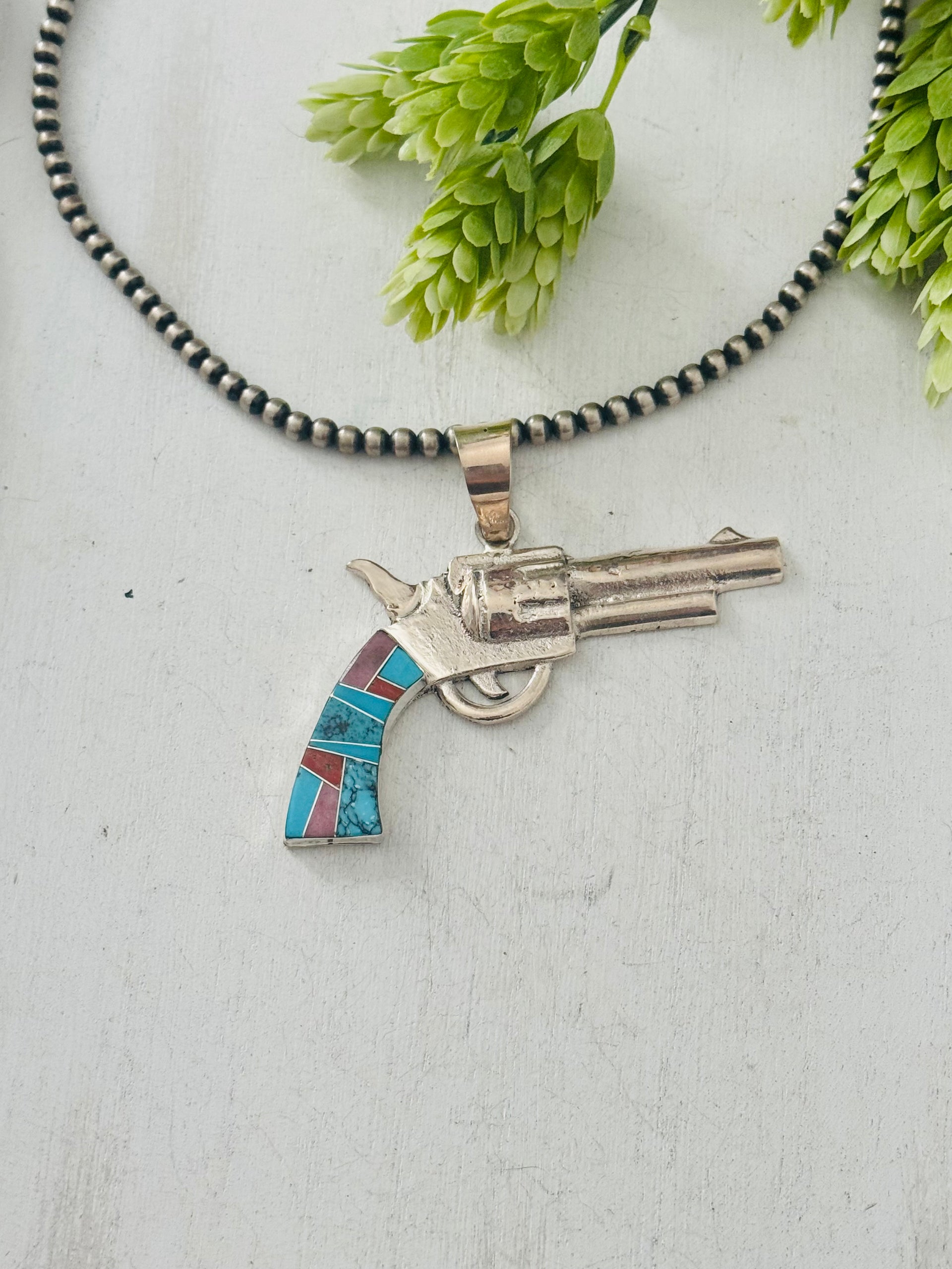 Bobby Mannelito Multi Stone & Sterling Silver Pistol Pendant