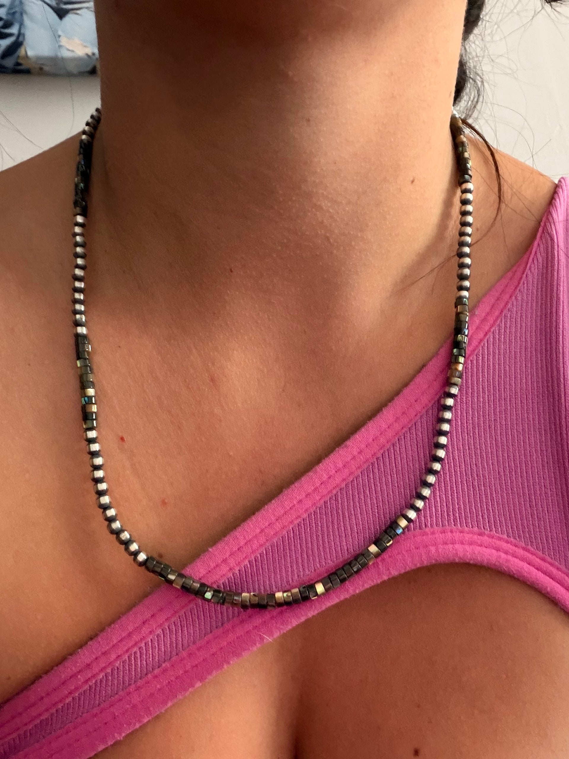 Navajo Strung Abalone & Sterling Silver 20” Machine Made Pearl Necklace