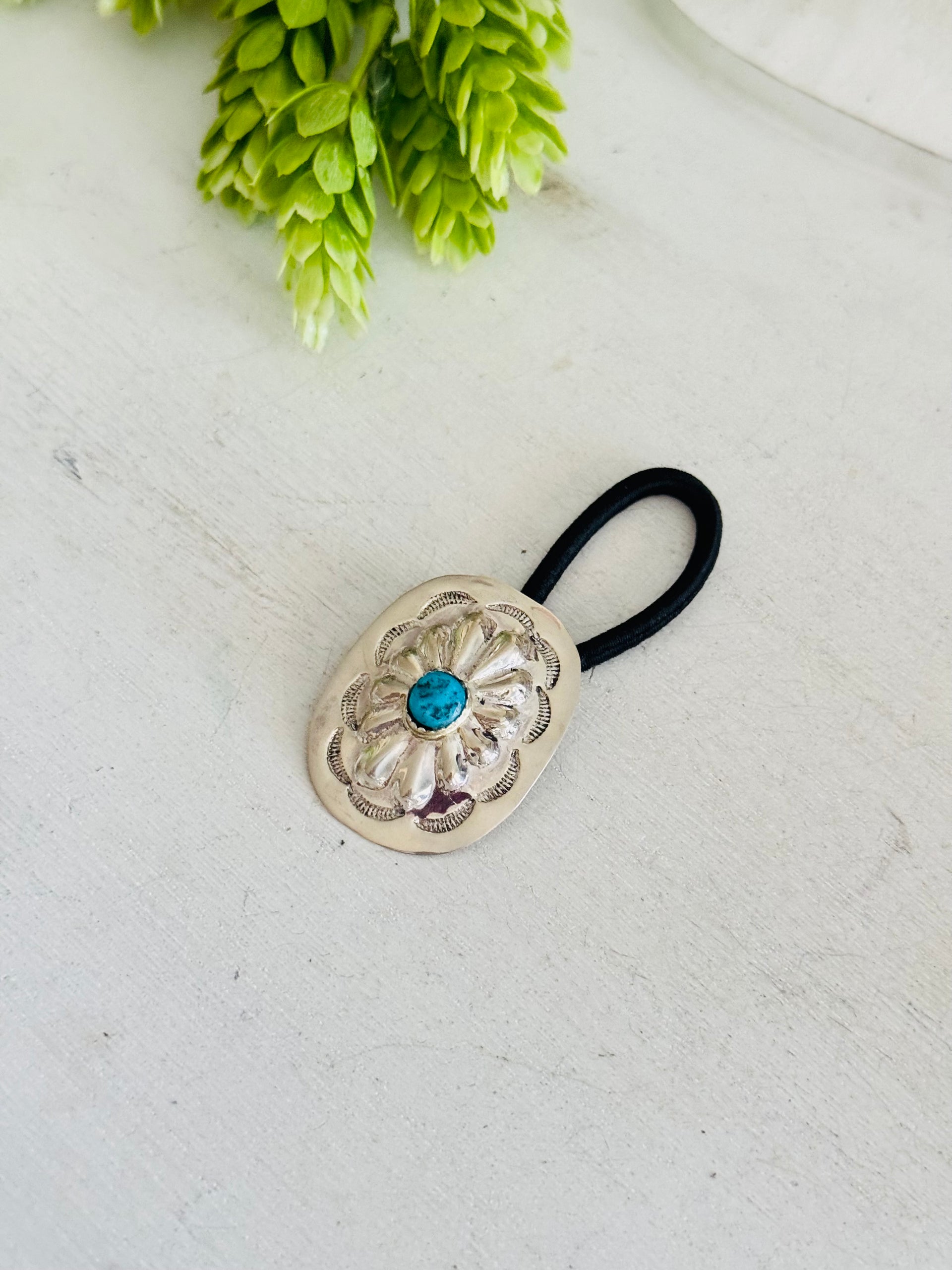 Navajo Made Kingman Turquoise & Sterling Silver Concho Ponytail Holder