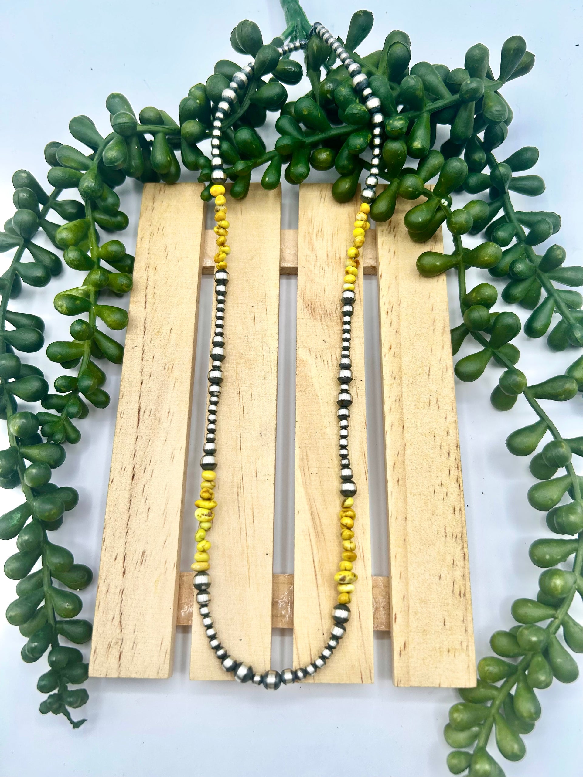 Navajo Made Strung Palomino Variscite & Sterling Silver Necklace