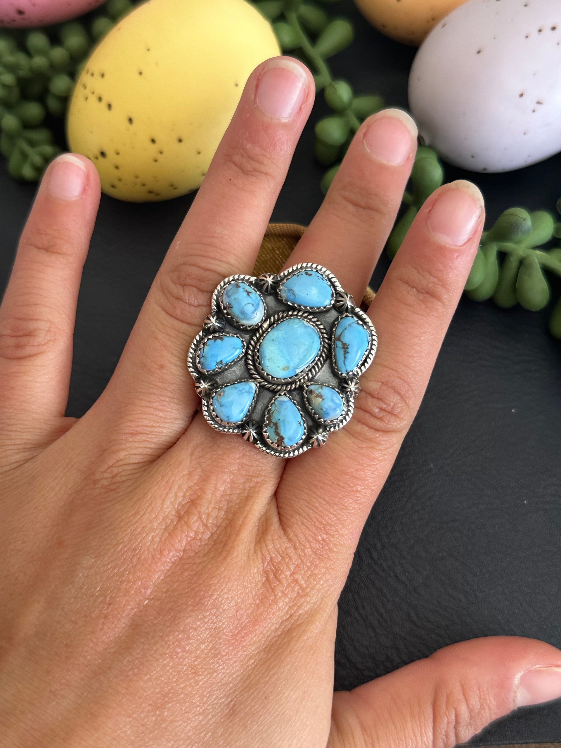 Southwest Handmade Golden Hills Turquoise & Sterling Silver Adjustable Cluster Ring