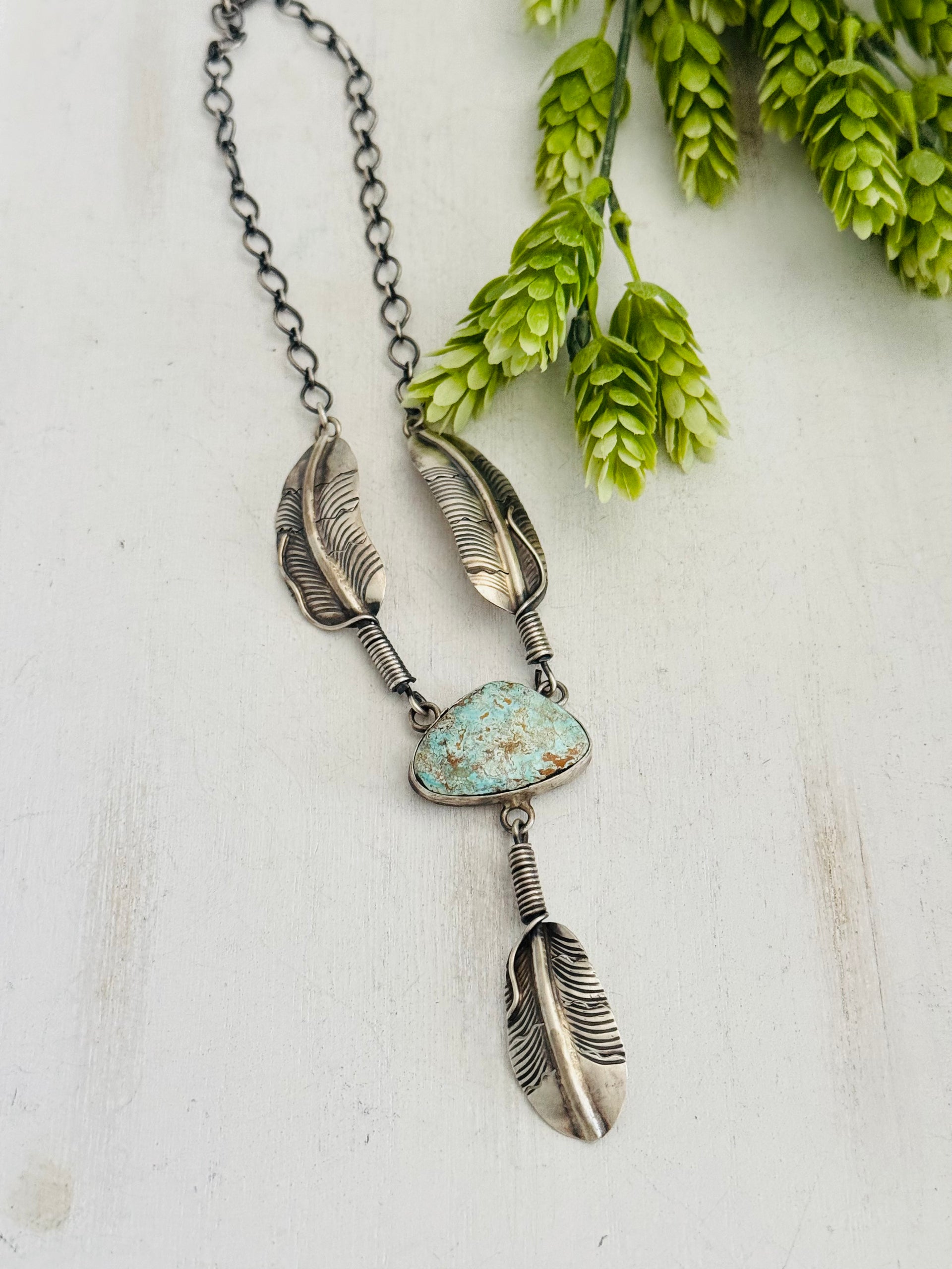 Navajo Made Royston Turquoise and Sterling Silver Feather Necklace