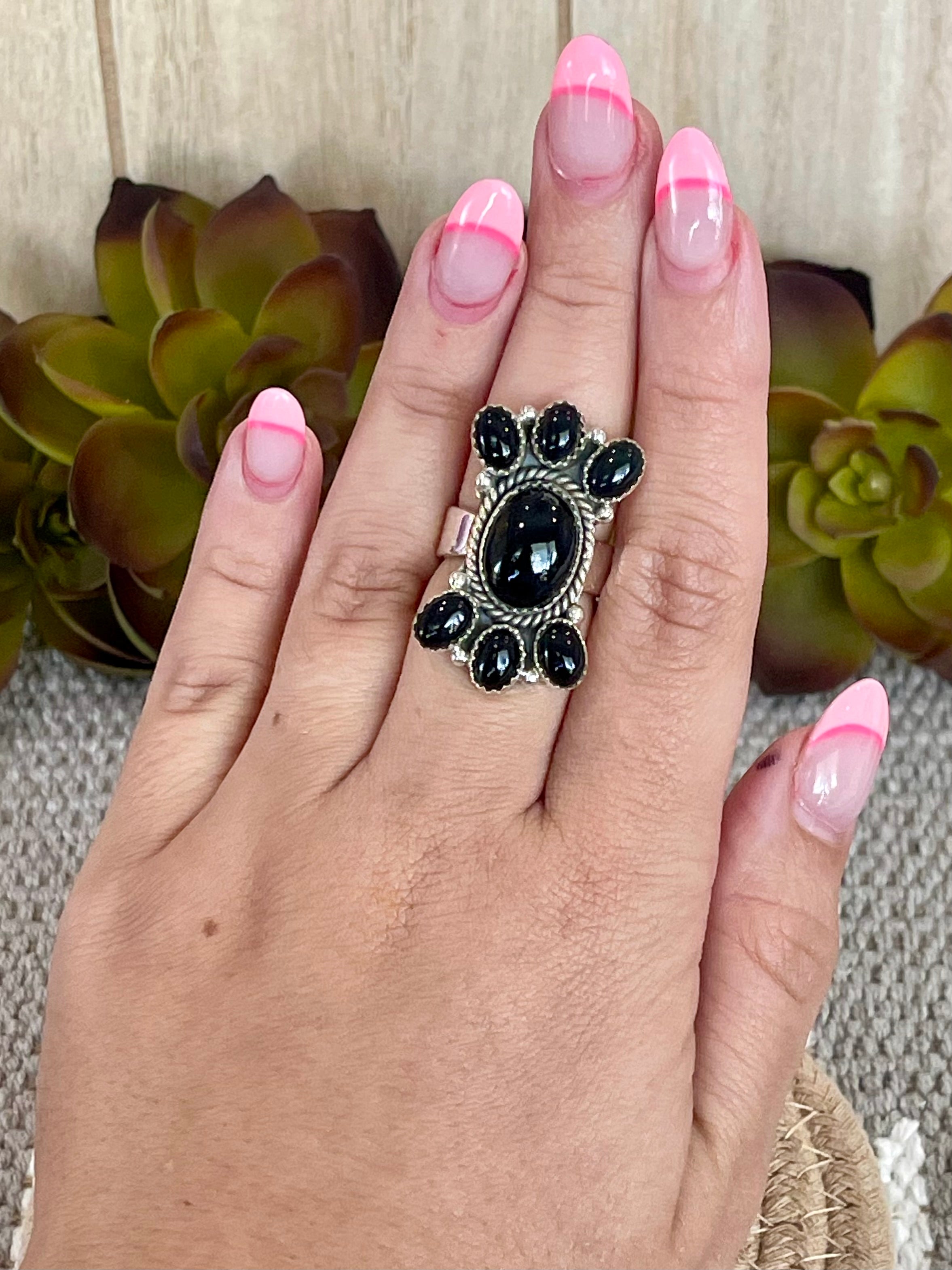 Southwest Handmade Black Onyx & Sterling Silver Adjustable Cluster Ring