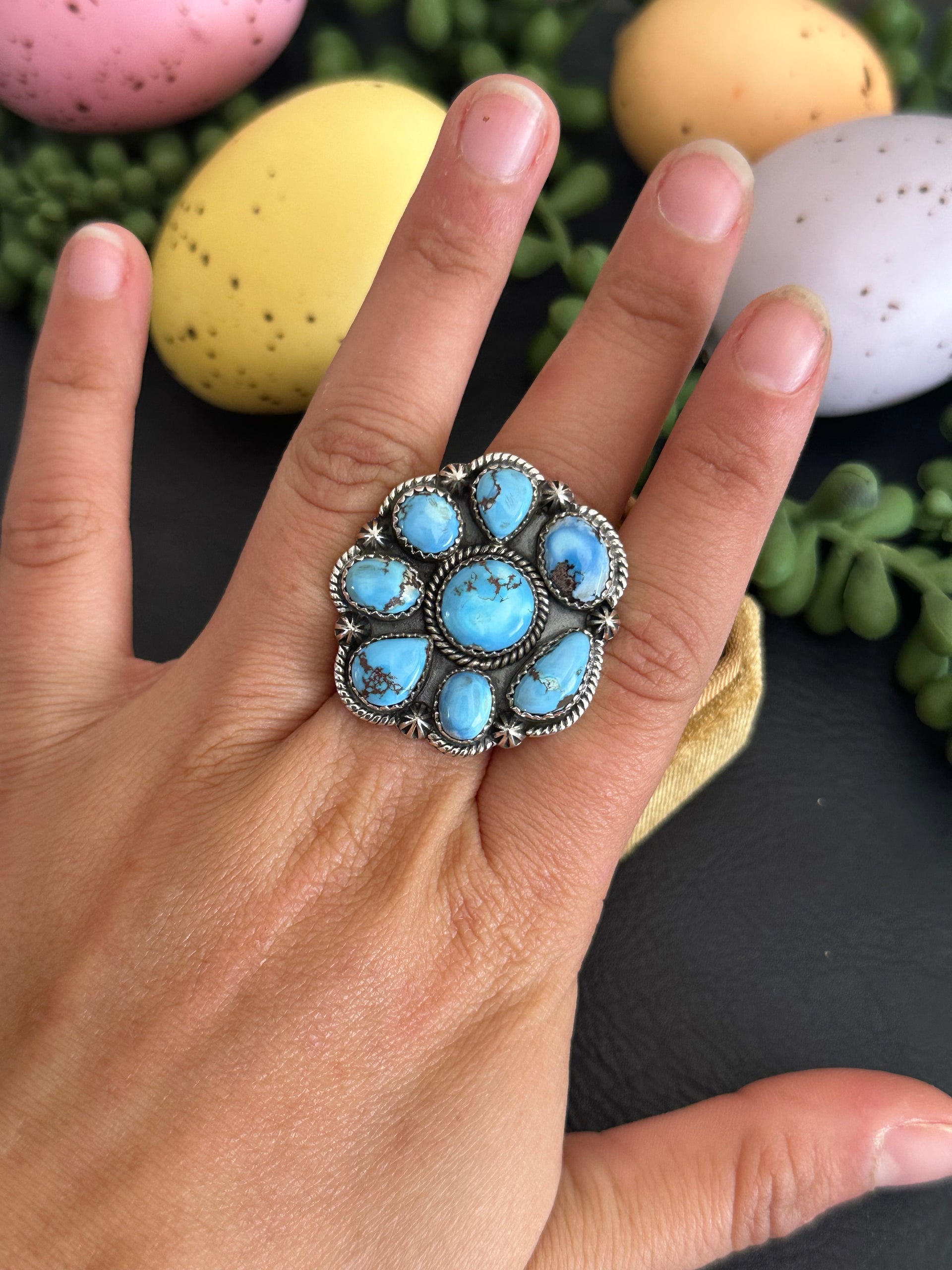 Southwest Handmade Golden Hills Turquoise & Sterling Silver Adjustable Cluster Ring