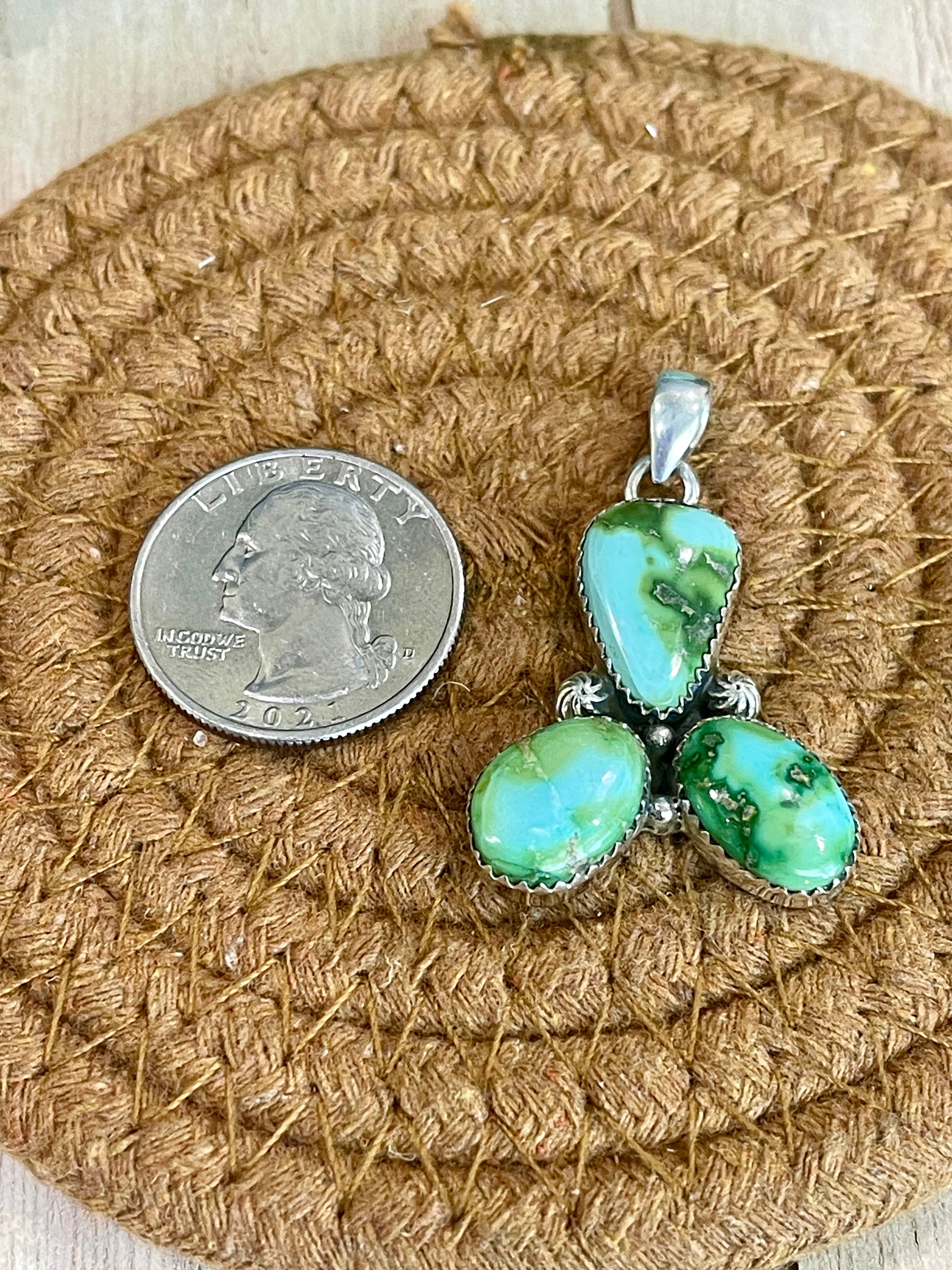 Southwest Handmade Sonoran Mountain Turquoise & Sterling Silver 3 Stone Pendant