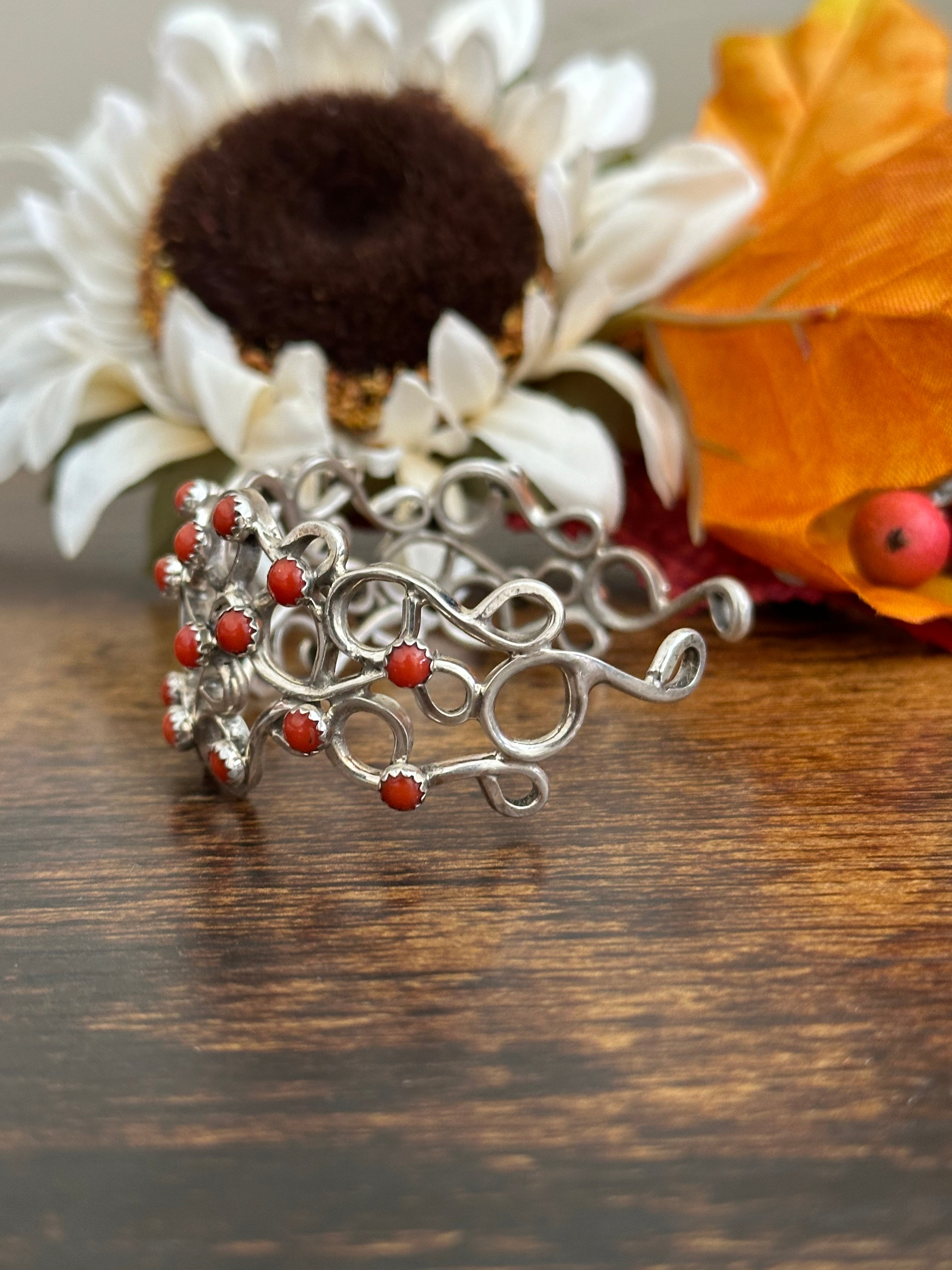 Navajo Made Red Coral & Sterling Silver Cuff Bracelet