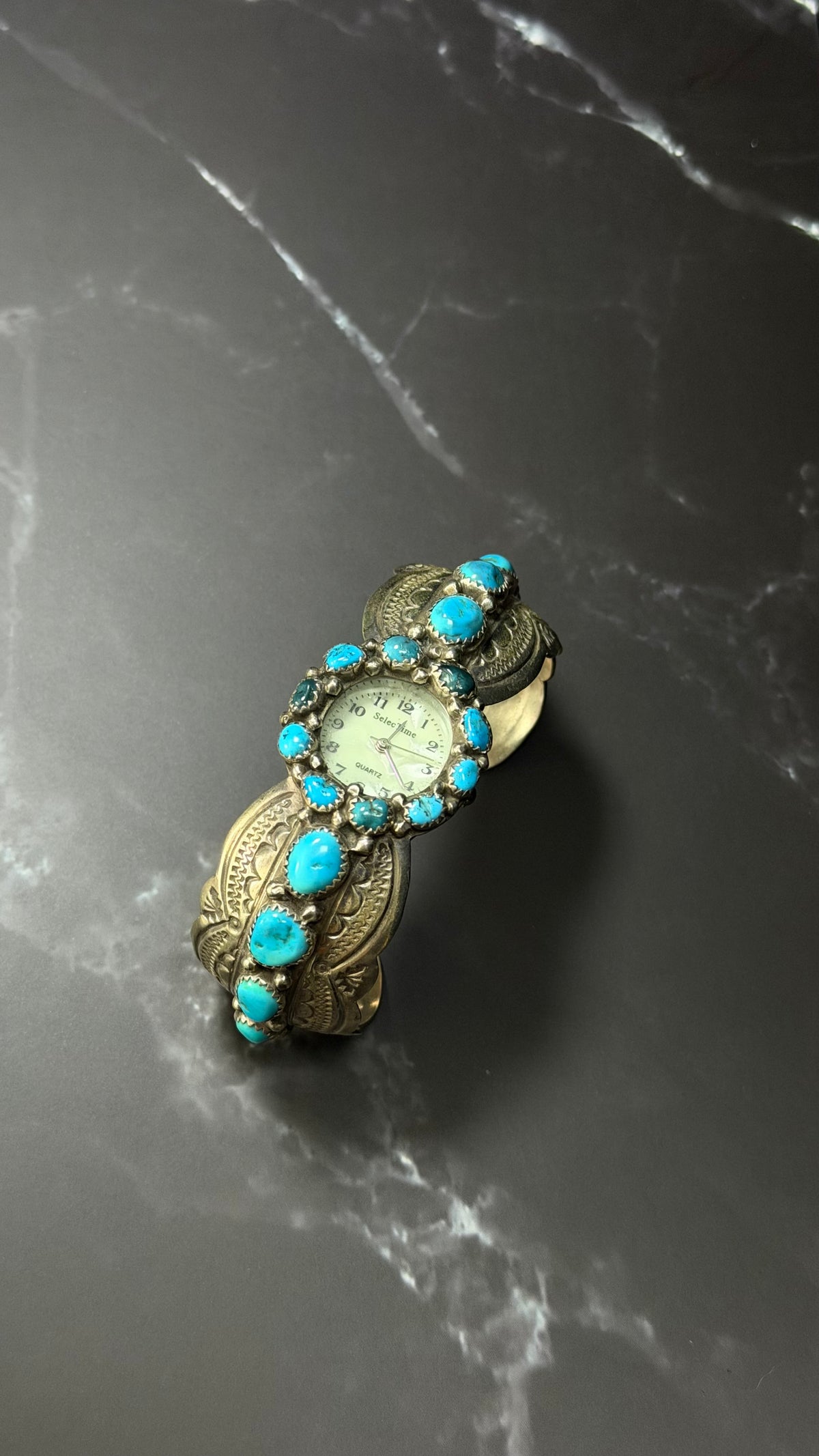 OLD PAWN Wilbert Benally Kingman Turquoise & Sterling Silver Cluster Watch Cuff Bracelet