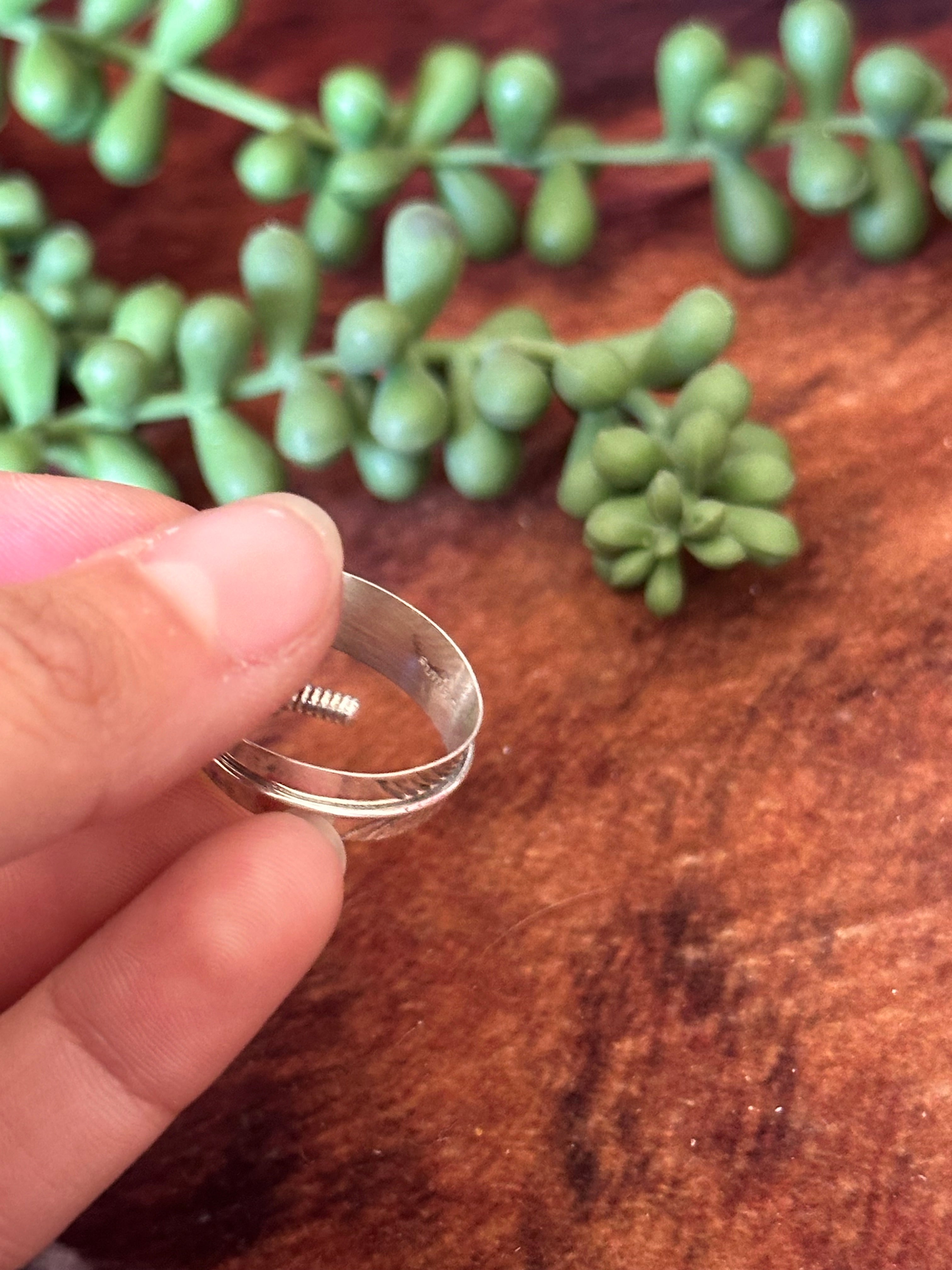 Navajo Made Kingman Turquoise & Sterling Silver Feather Adjustable Ring