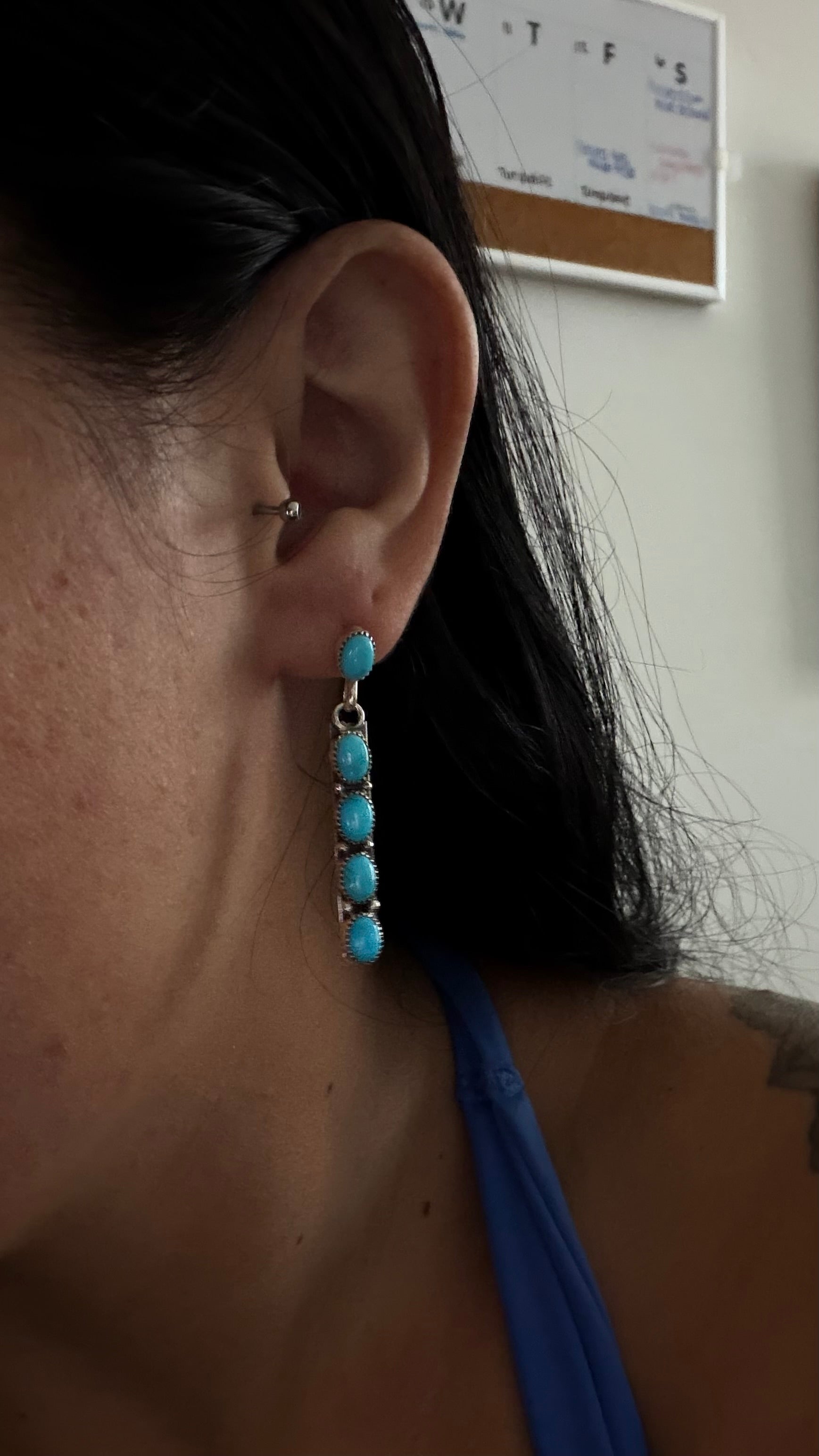 Navajo Made Kingman Turquoise & Sterling Silver Post Dangle Earrings