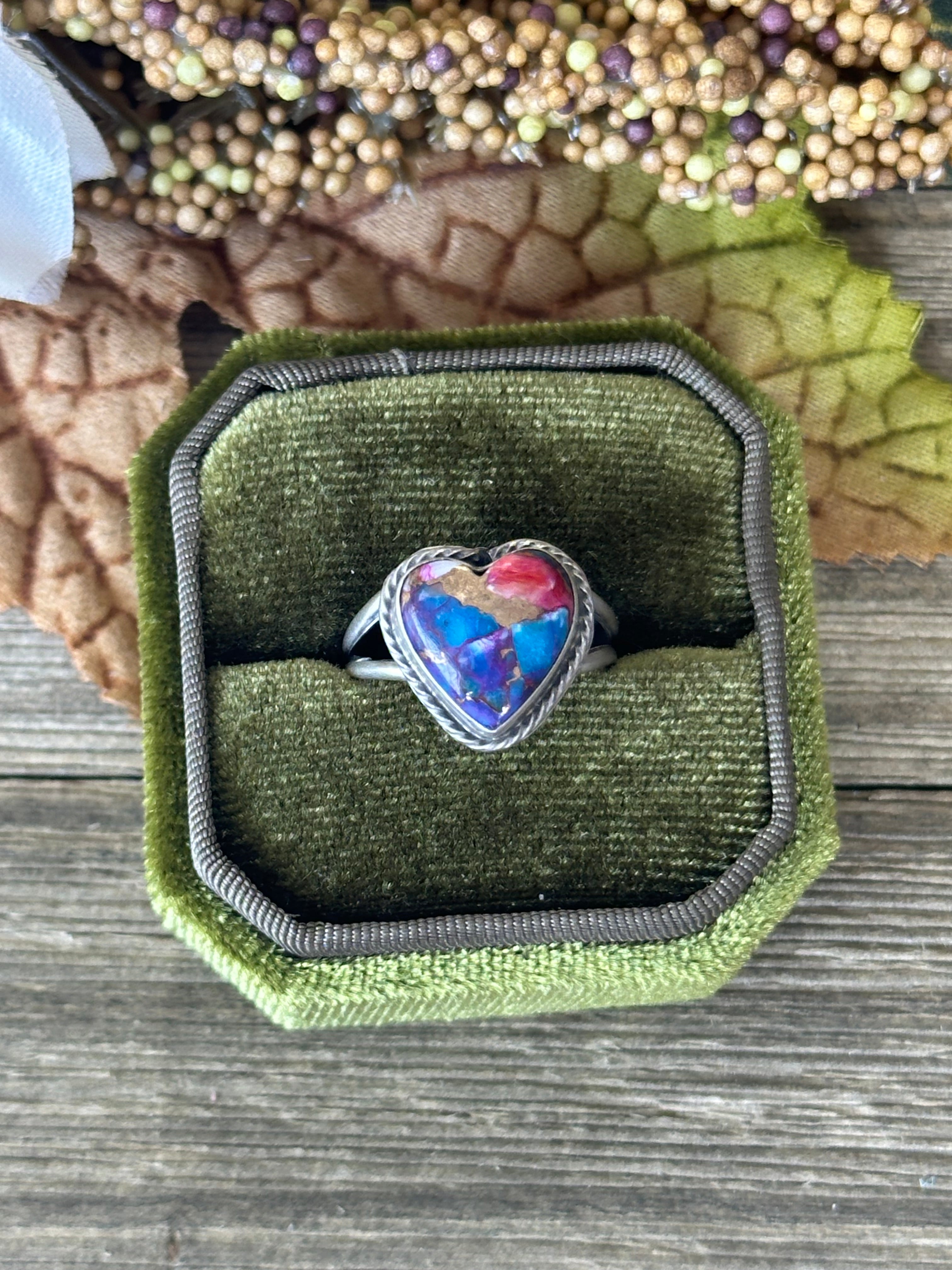 Navajo Made Purple  Mohave Turquoise & Sterling Silver Heart Ring