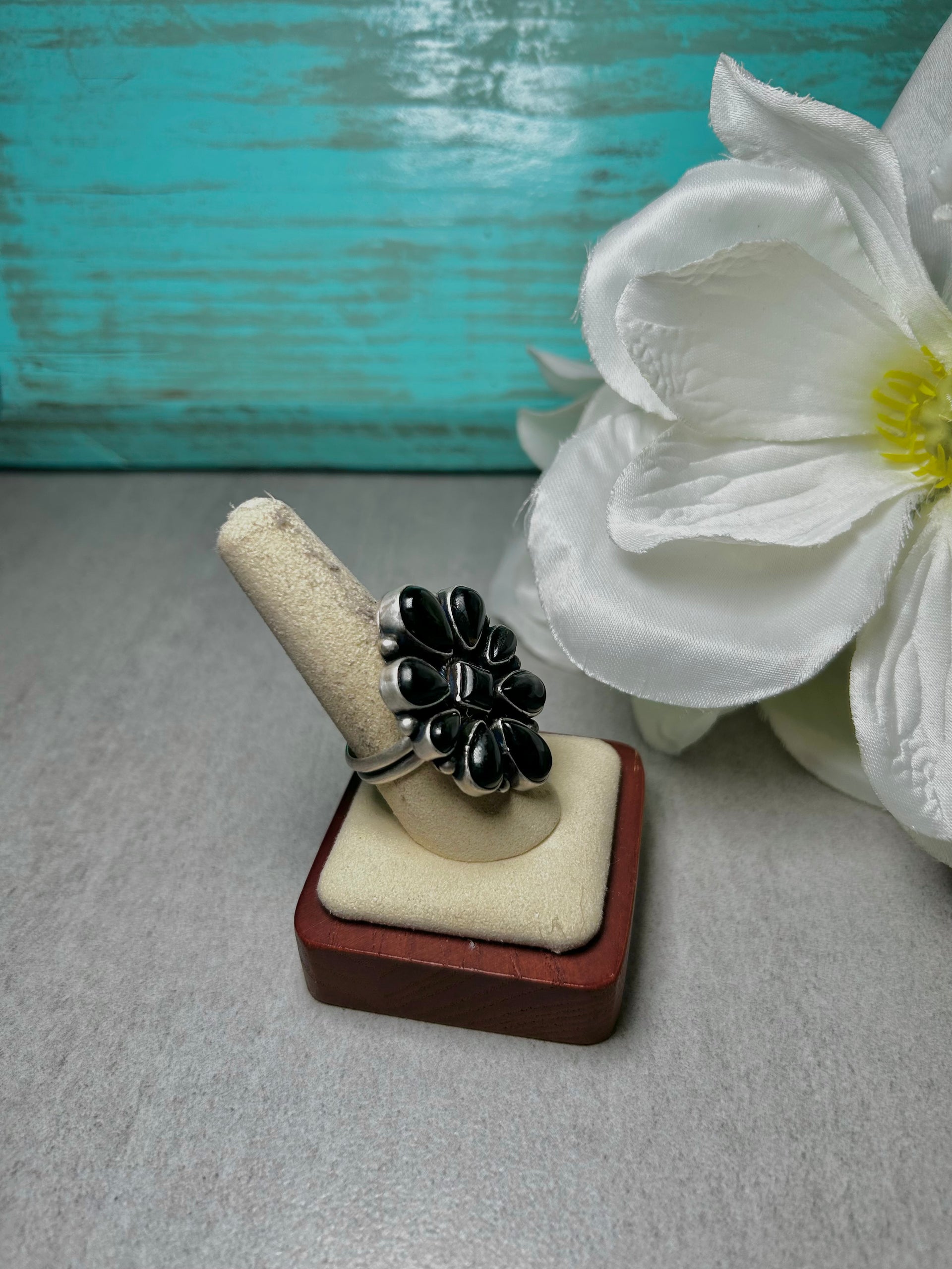 Navajo Made Onyx & Sterling Silver Adjustable Ring