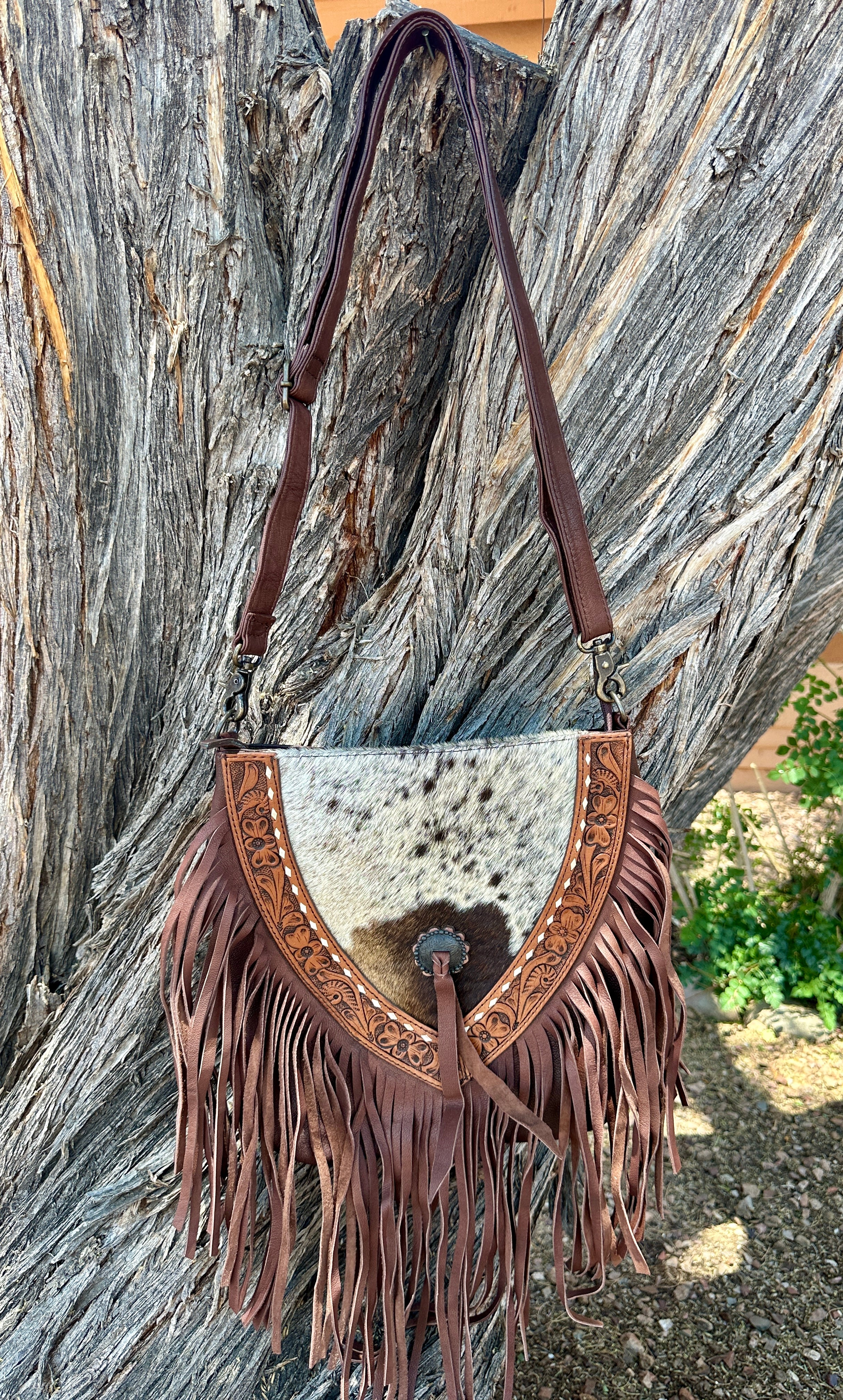 Genuine Tooled Leather & Cowhide Fringe Purse