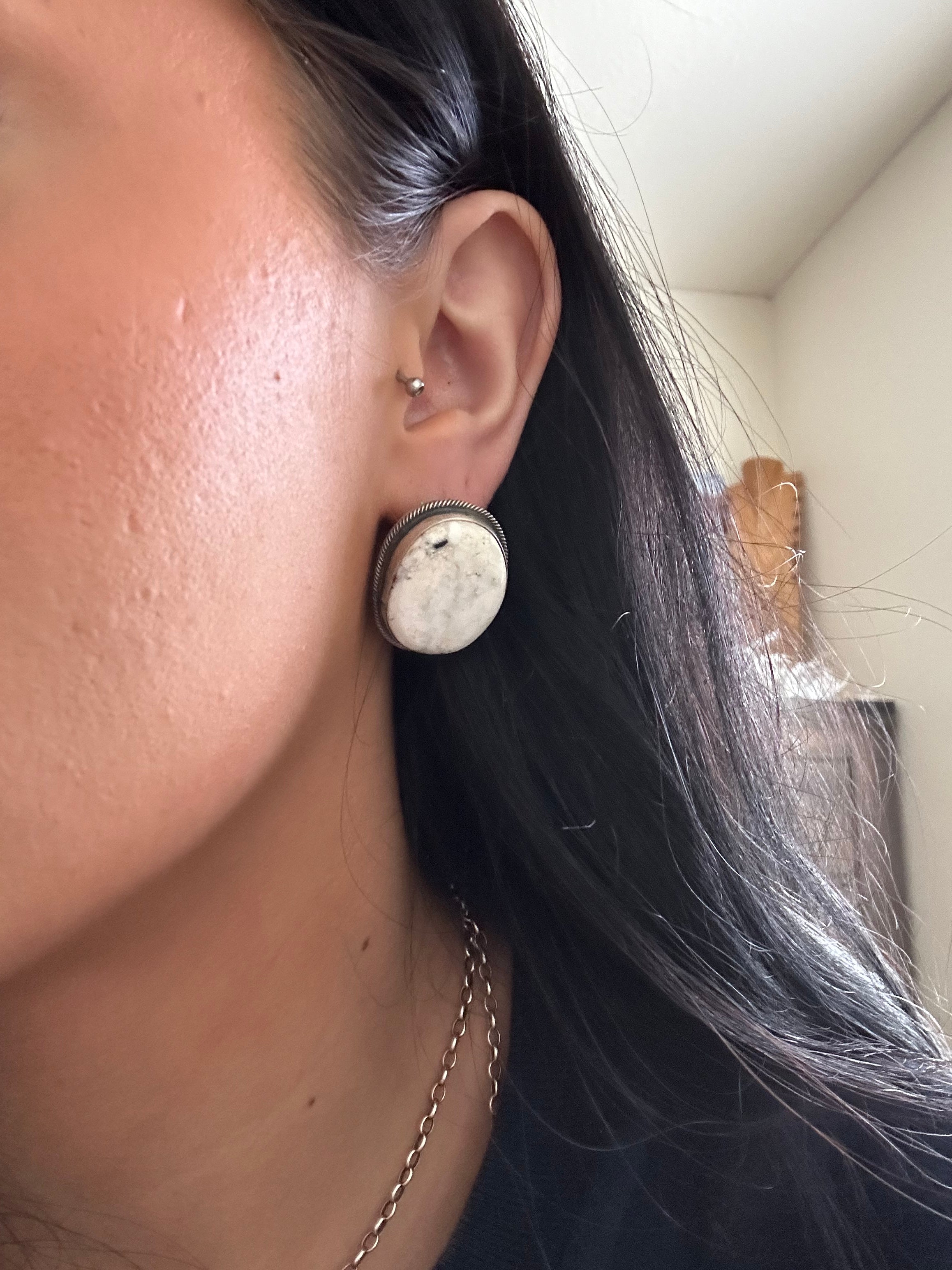 Navajo Made White Buffalo & Sterling Silver Post Earrings