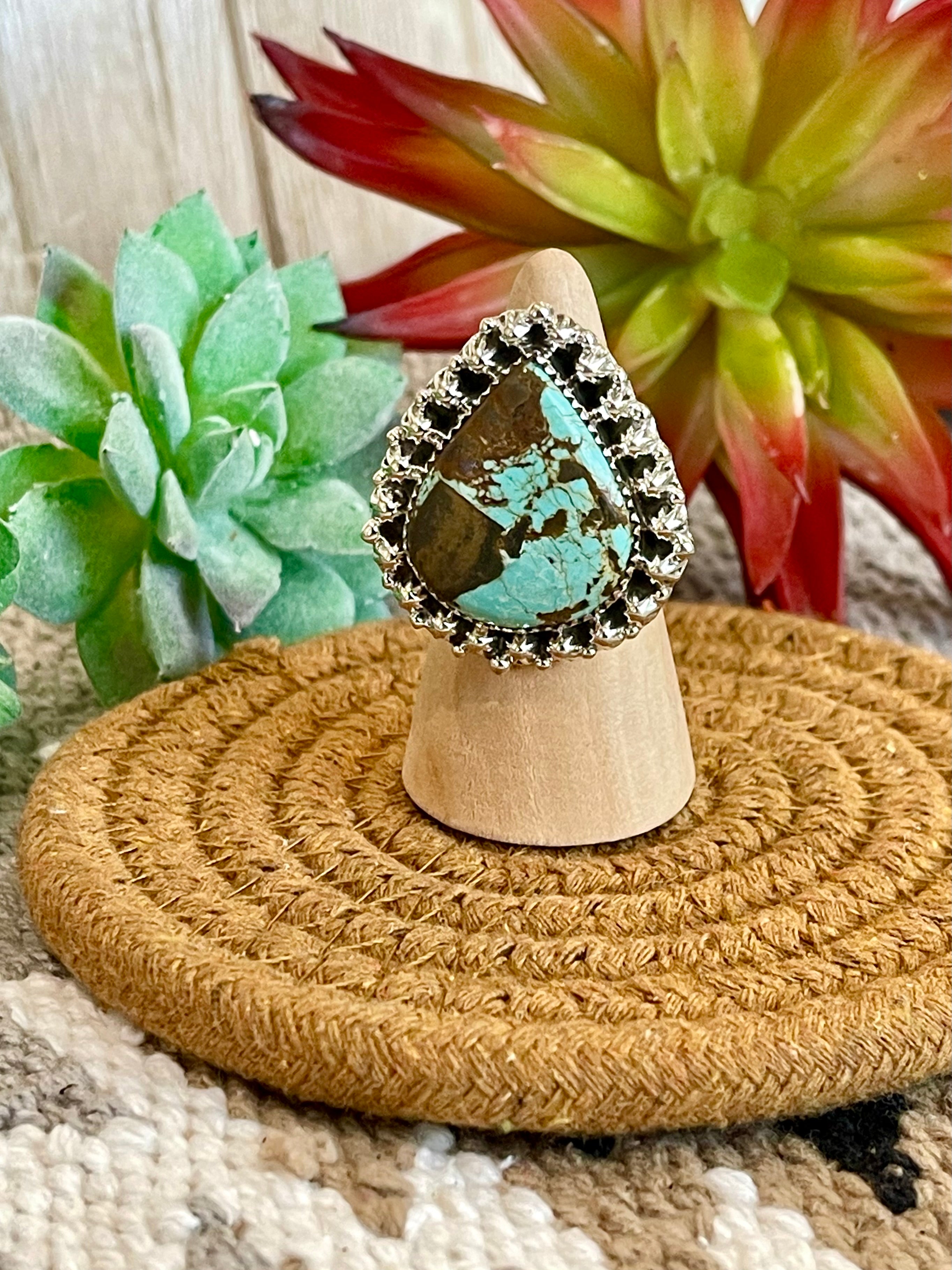 Southwest Handmade Number 8 Turquoise & Sterling Silver Adjustable Ring