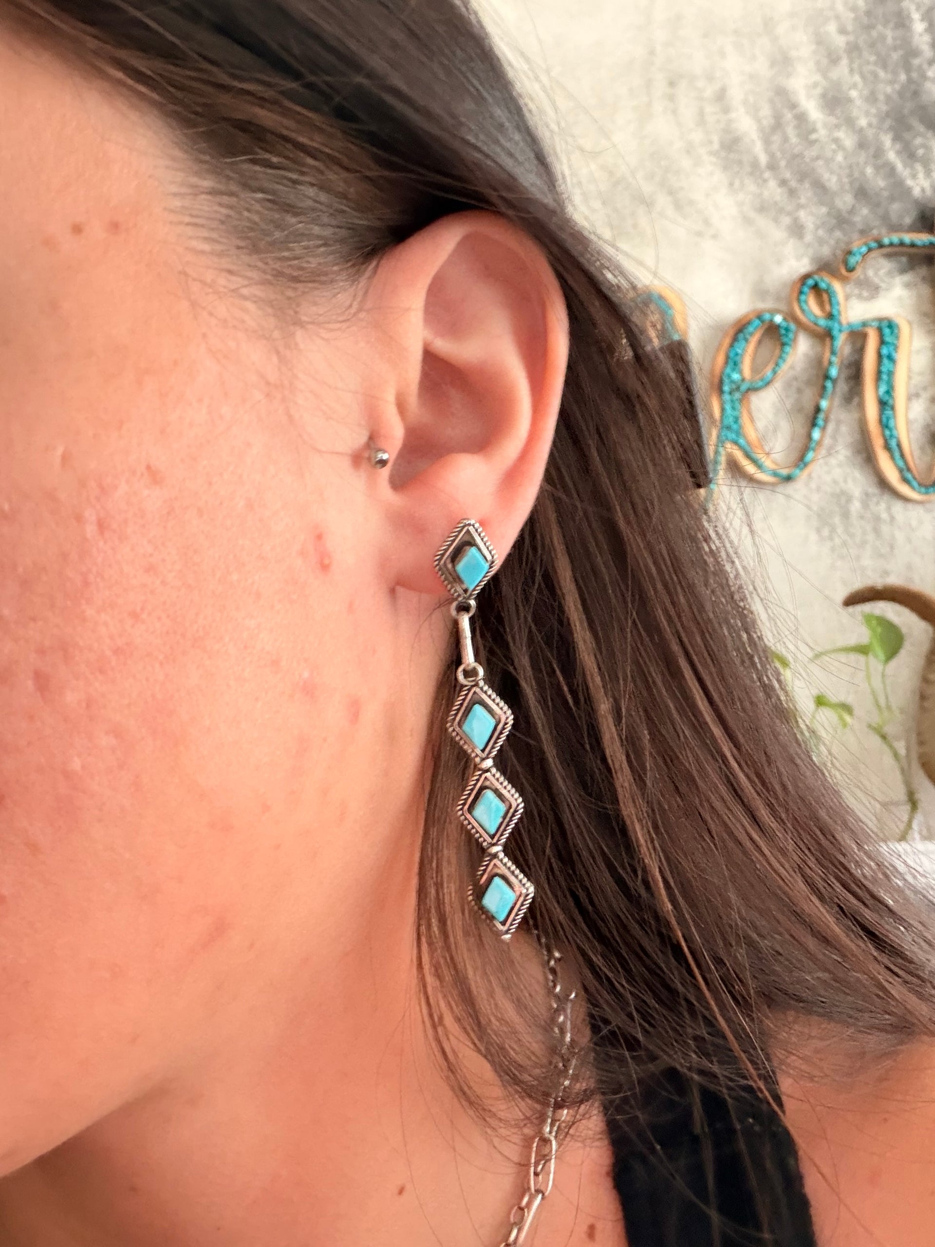 Navajo Made Kingman Turquoise & Sterling Silver Post Dangle Earrings