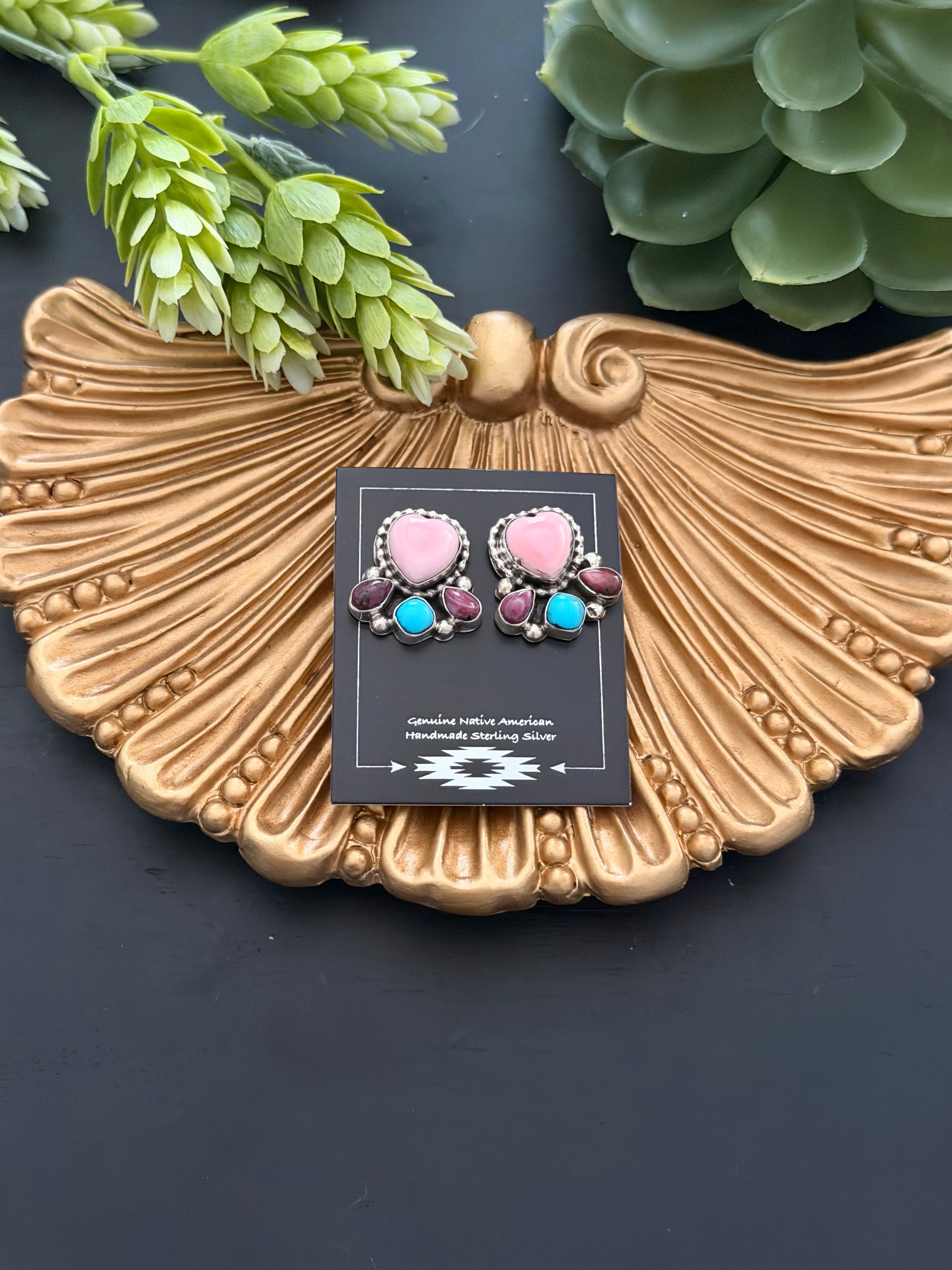 Navajo Made Multi Stone & Sterling Silver Post Dangle Cluster Earrings