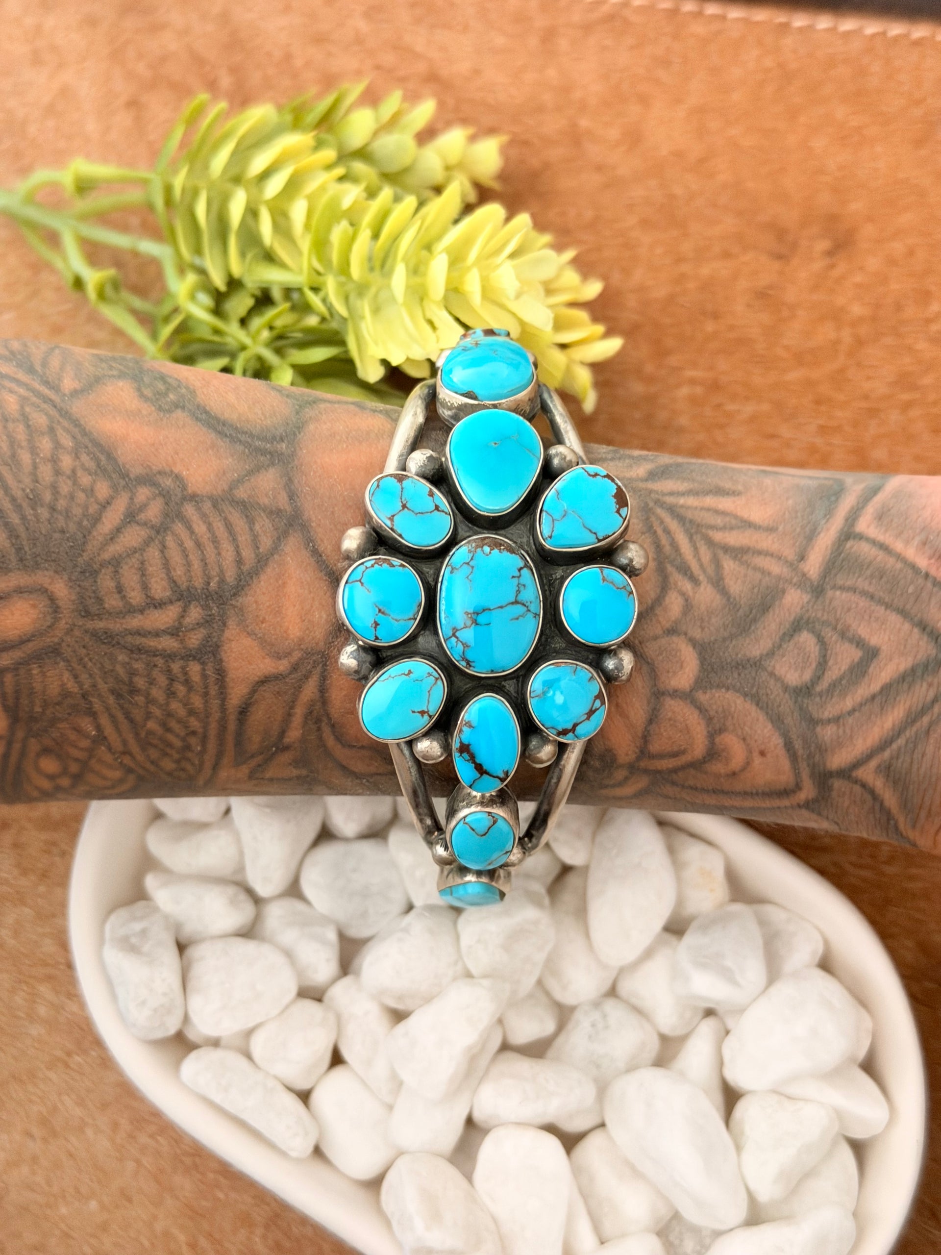 Paul Livingston Egyptian Turquoise & Sterling Silver Cluster Cuff Bracelet