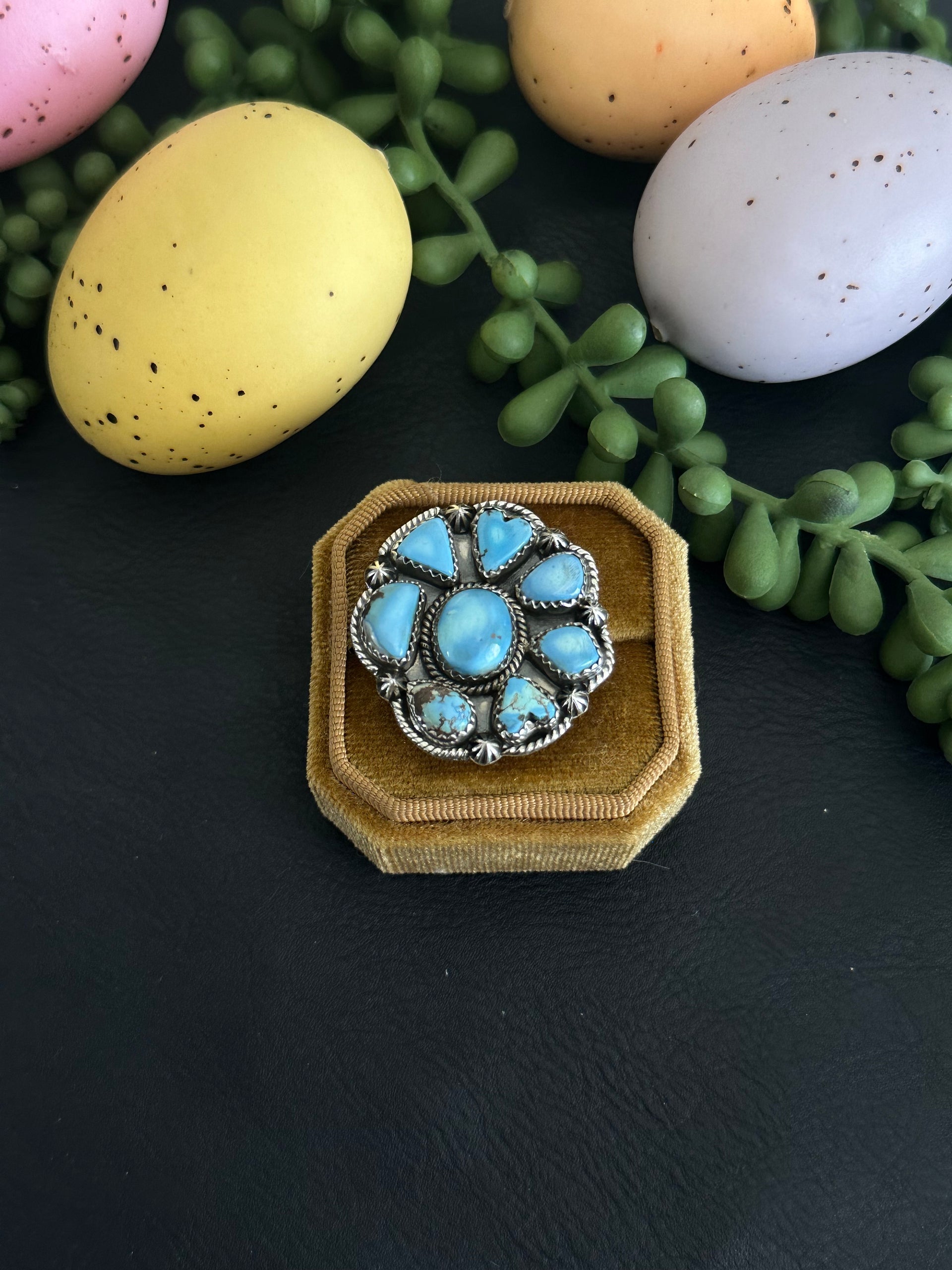 Southwest Handmade Golden Hills Turquoise & Sterling Silver Adjustable Cluster Ring