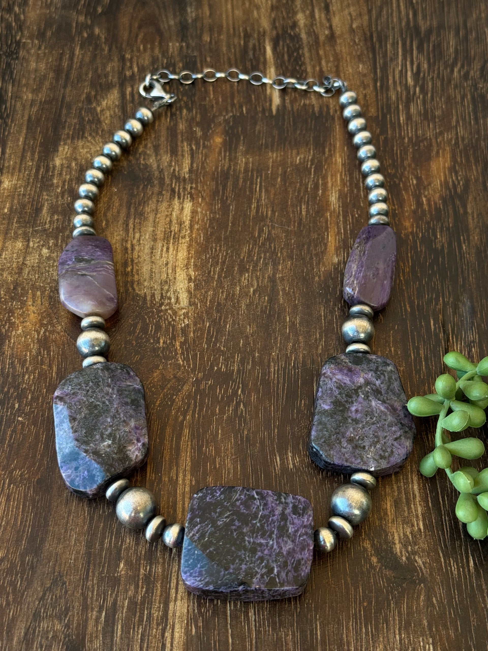 Navajo Strung Charoite & Sterling Silver Pearl Necklace