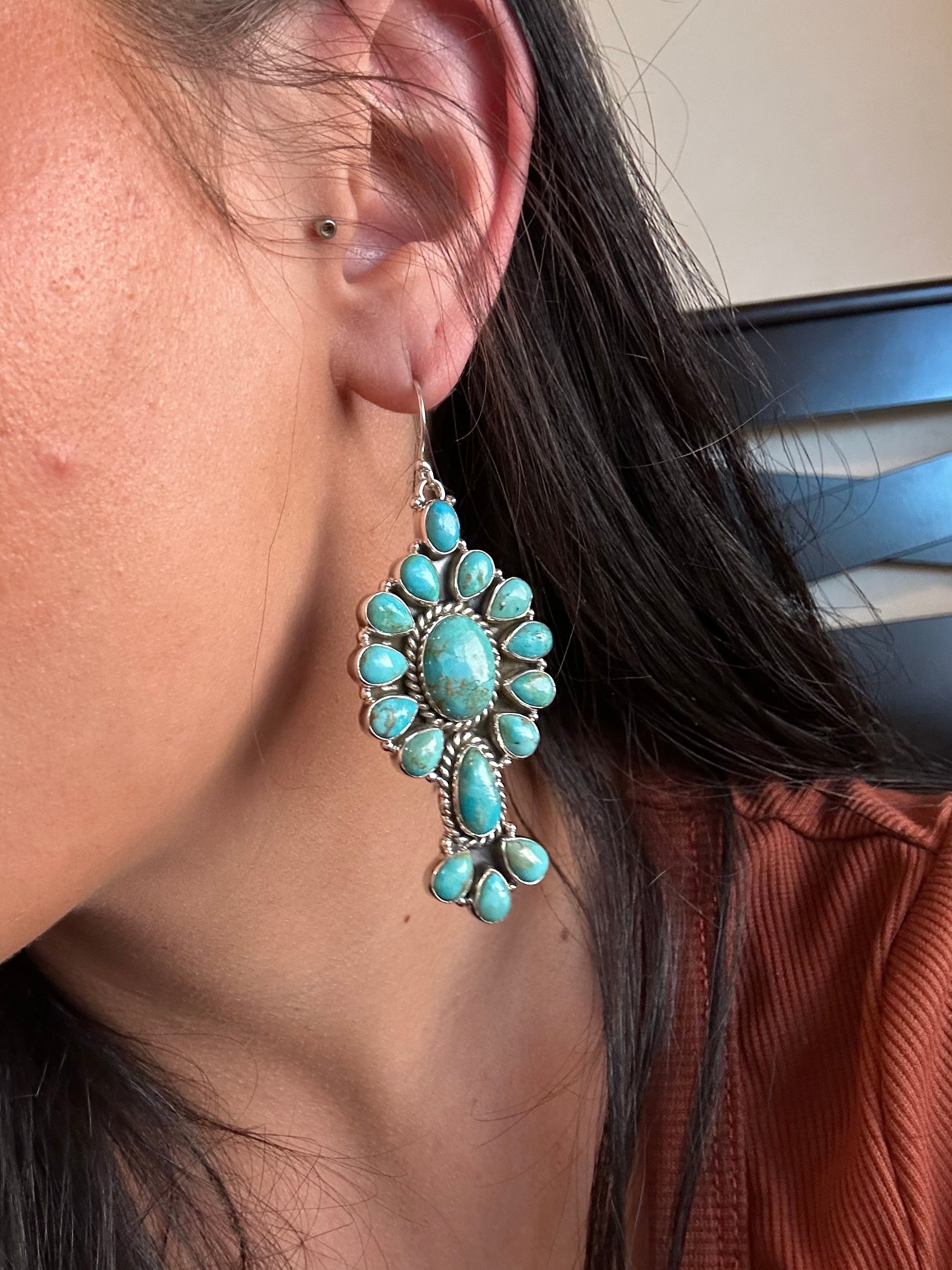 Southwest Handmade Kingman Turquoise & Sterling Silver Dangle Cluster Earrings