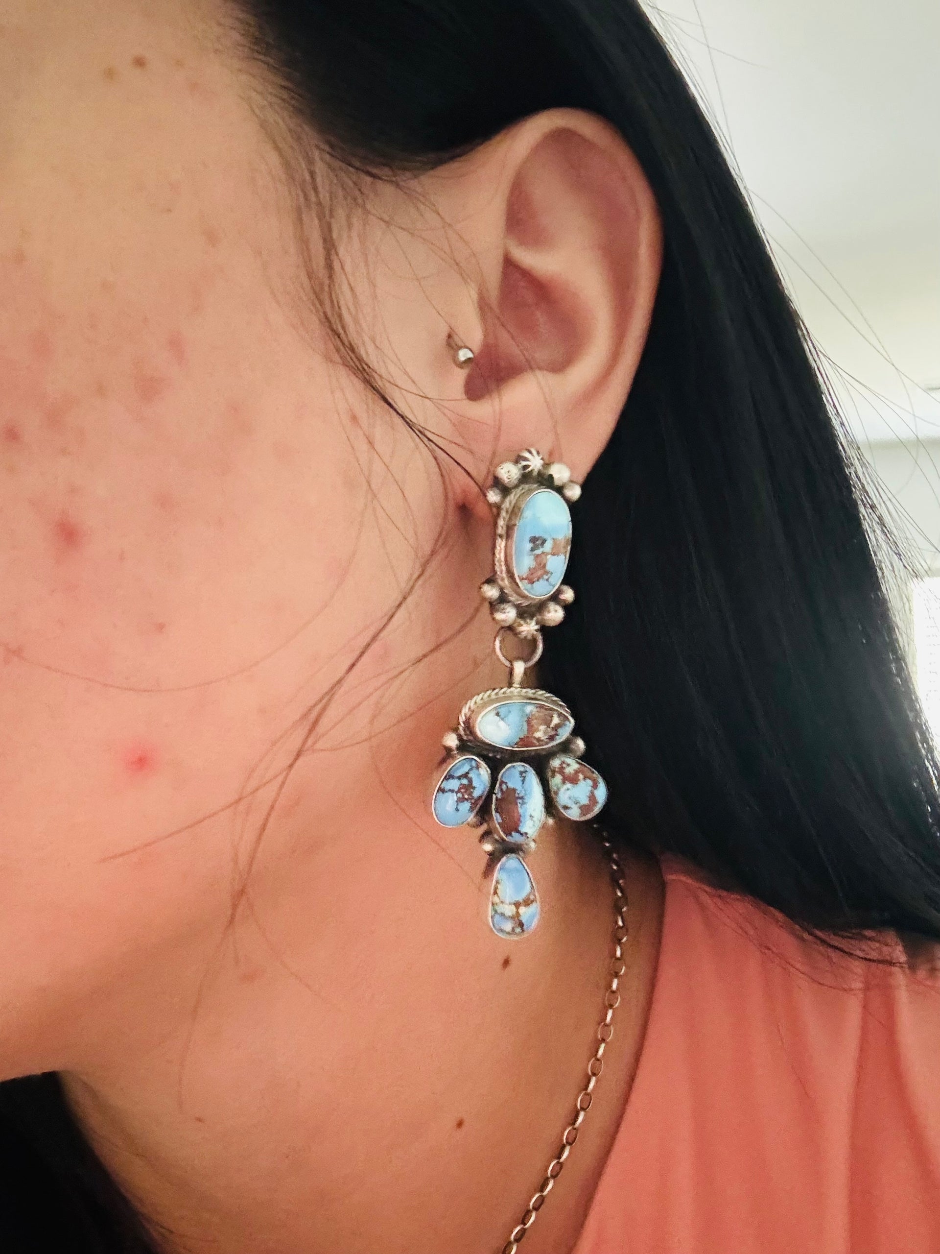 Amos Jake Golden Hills Turquoise & Sterling Silver Post Dangle Cluster Earrings