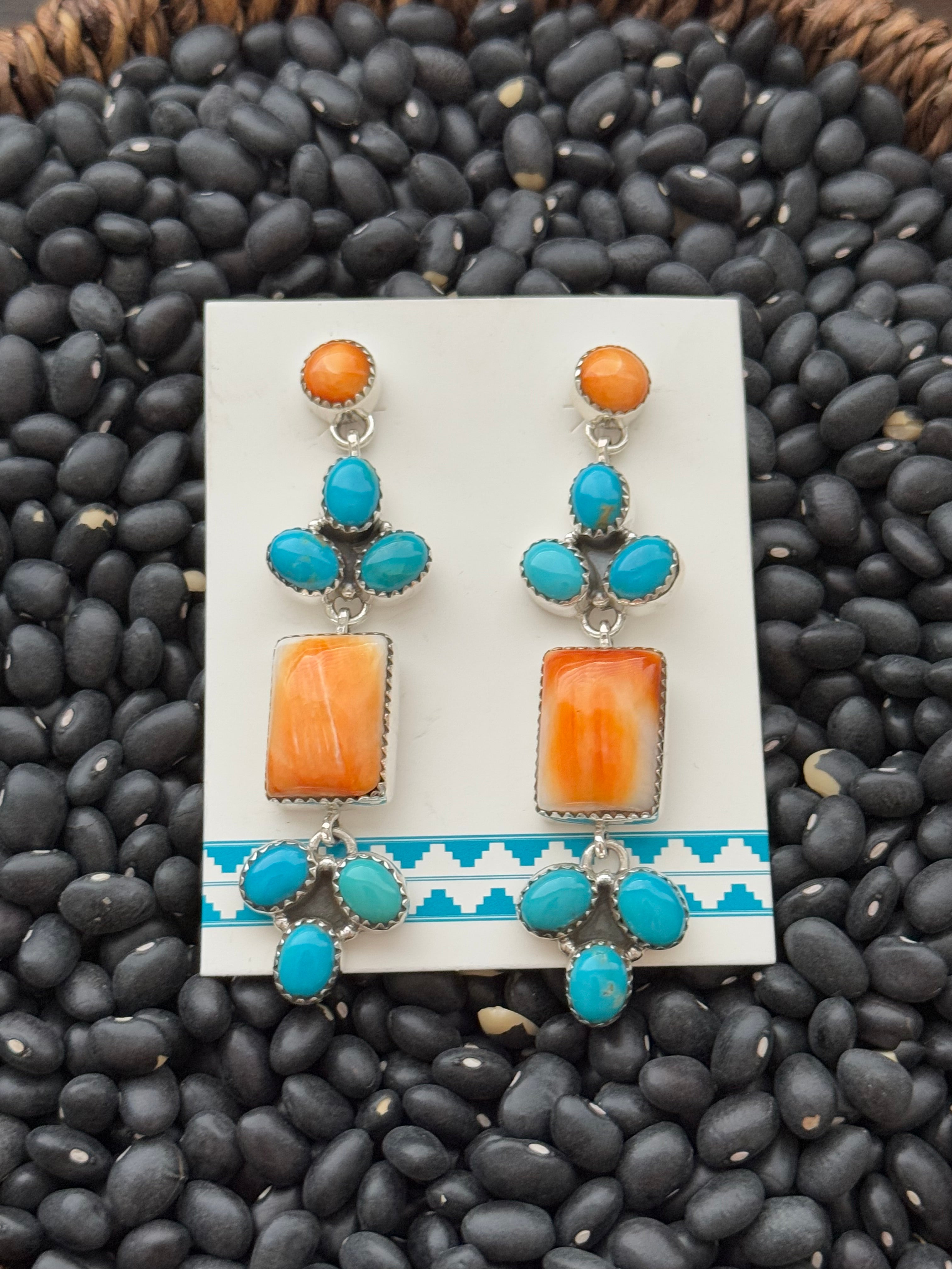 Navajo Made Multi Stone & Sterling Silver Post Dangle Earrings