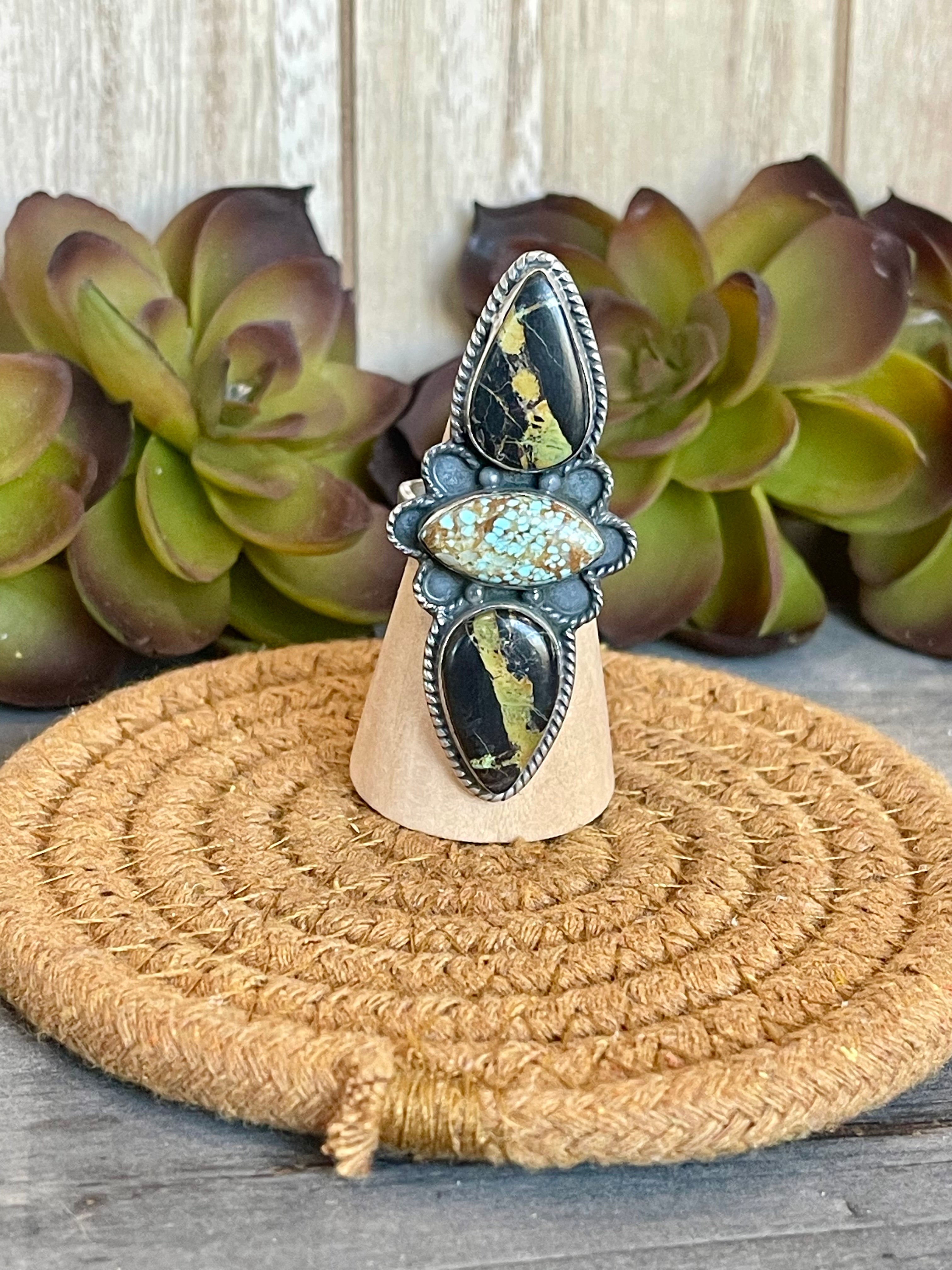 Southwest Handmade Black Jack And Number 8 Turquoise & Sterling Silver Adjustable Ring