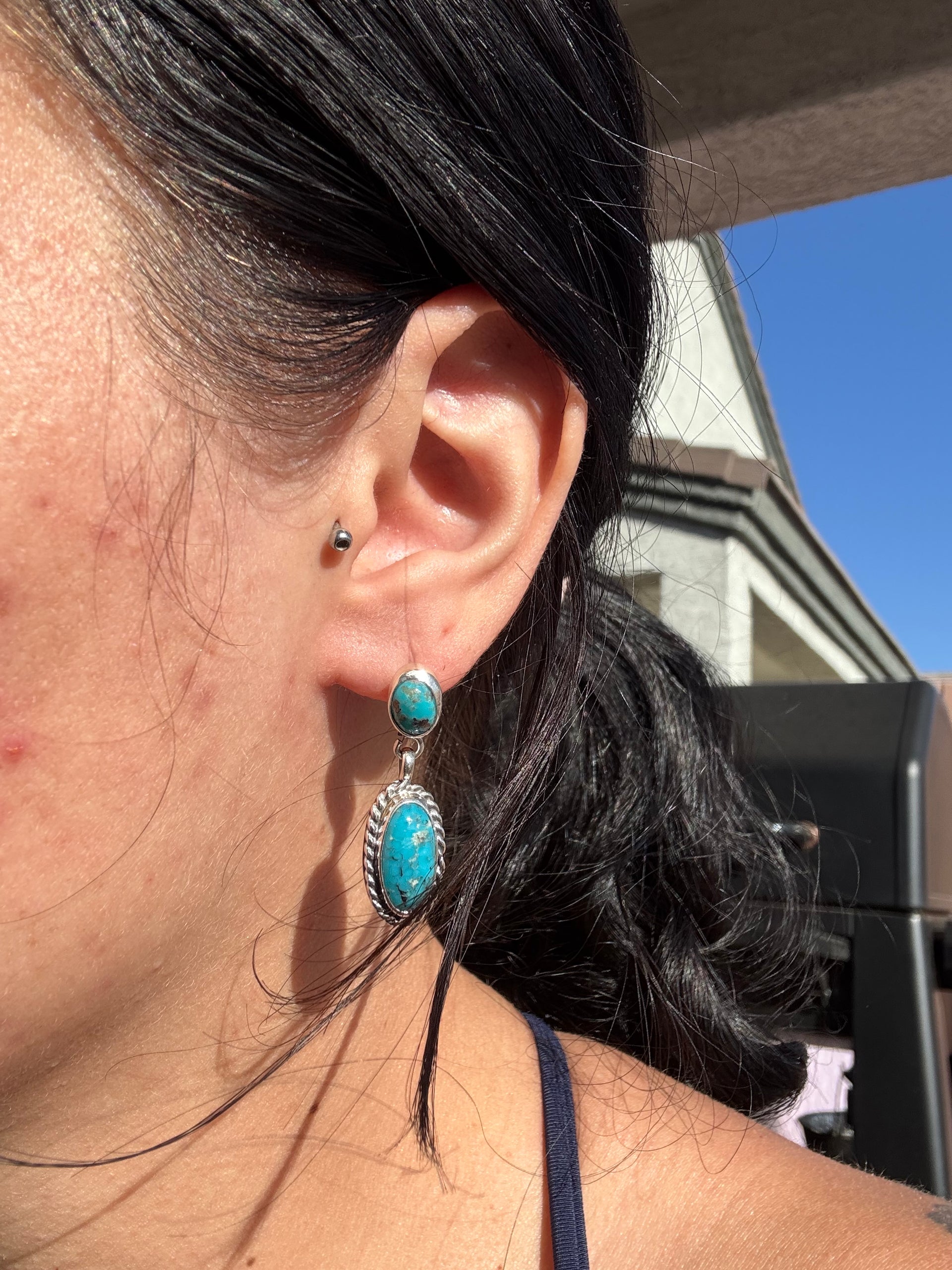 Navajo Made Kingman Turquoise & Sterling Silver Post Dangle Earrings