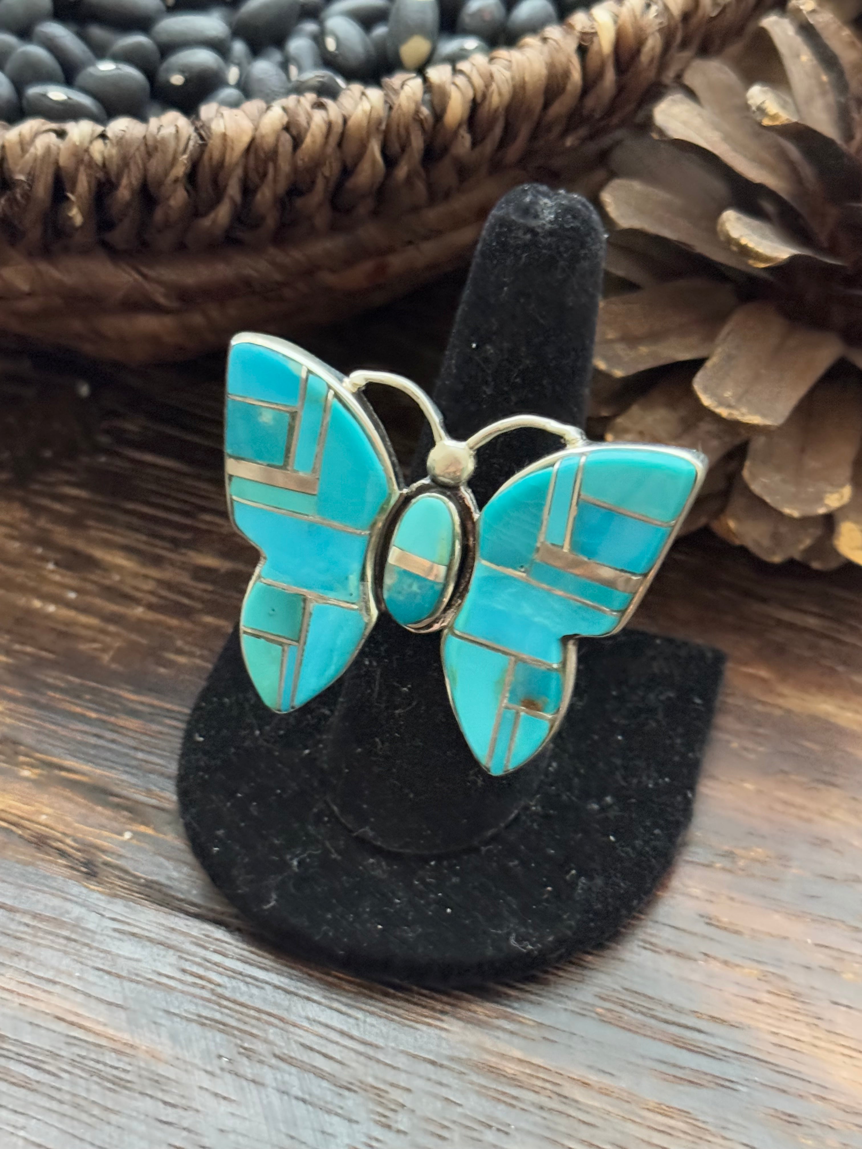 Navajo Made Kingman Turquoise & Sterling Silver Inlay Adjustable Butterfly Ring