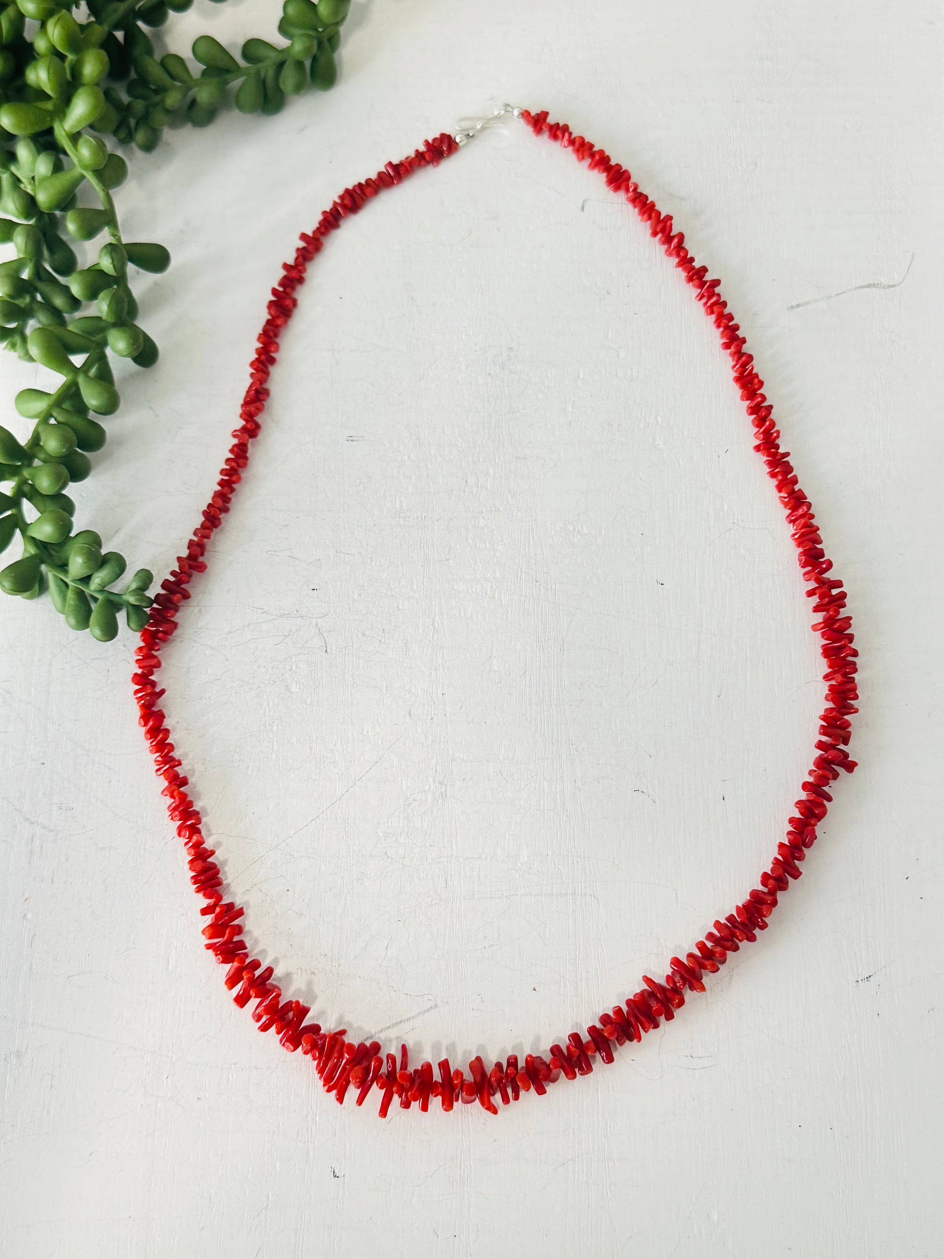 Navajo Strung Red Coral & Sterling Silver Beaded Necklace