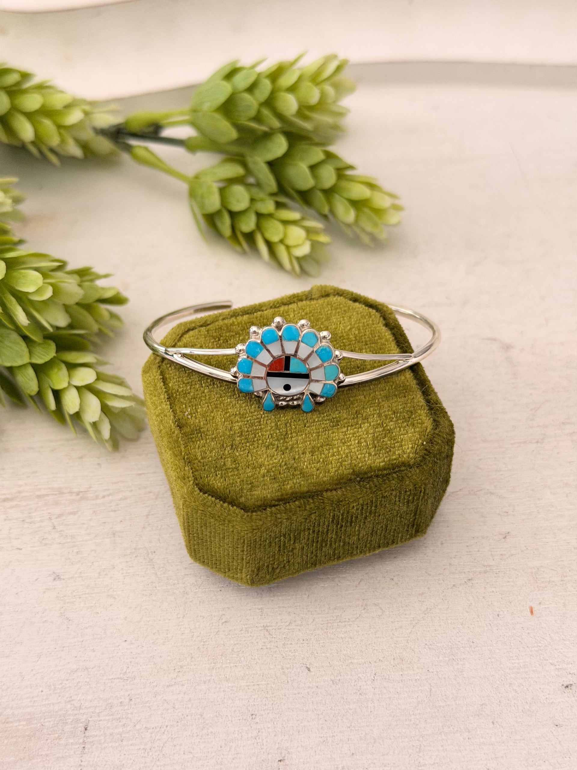 Zuni Made Multi Stone & Sterling Silver Inlay Sunface Cuff Bracelet