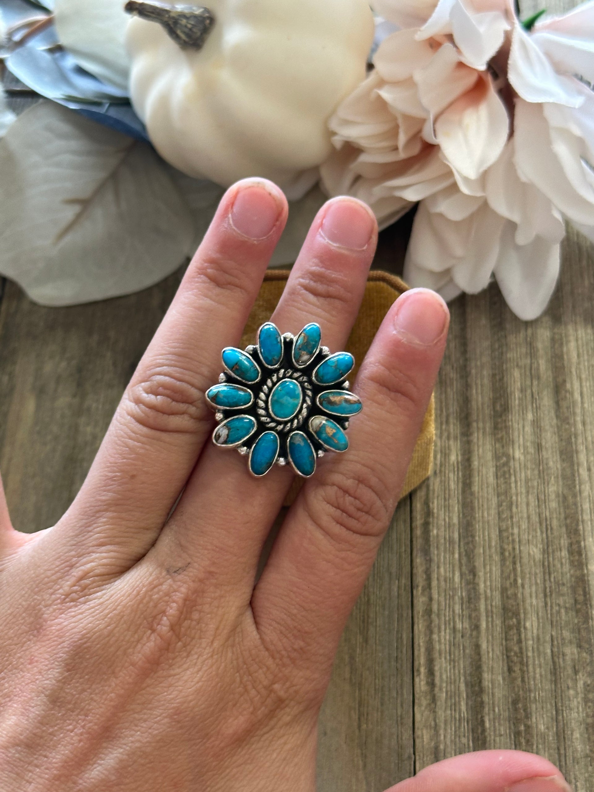 Southwest Handmade Mohave Turquoise & Sterling Silver Adjustable Cluster Ring