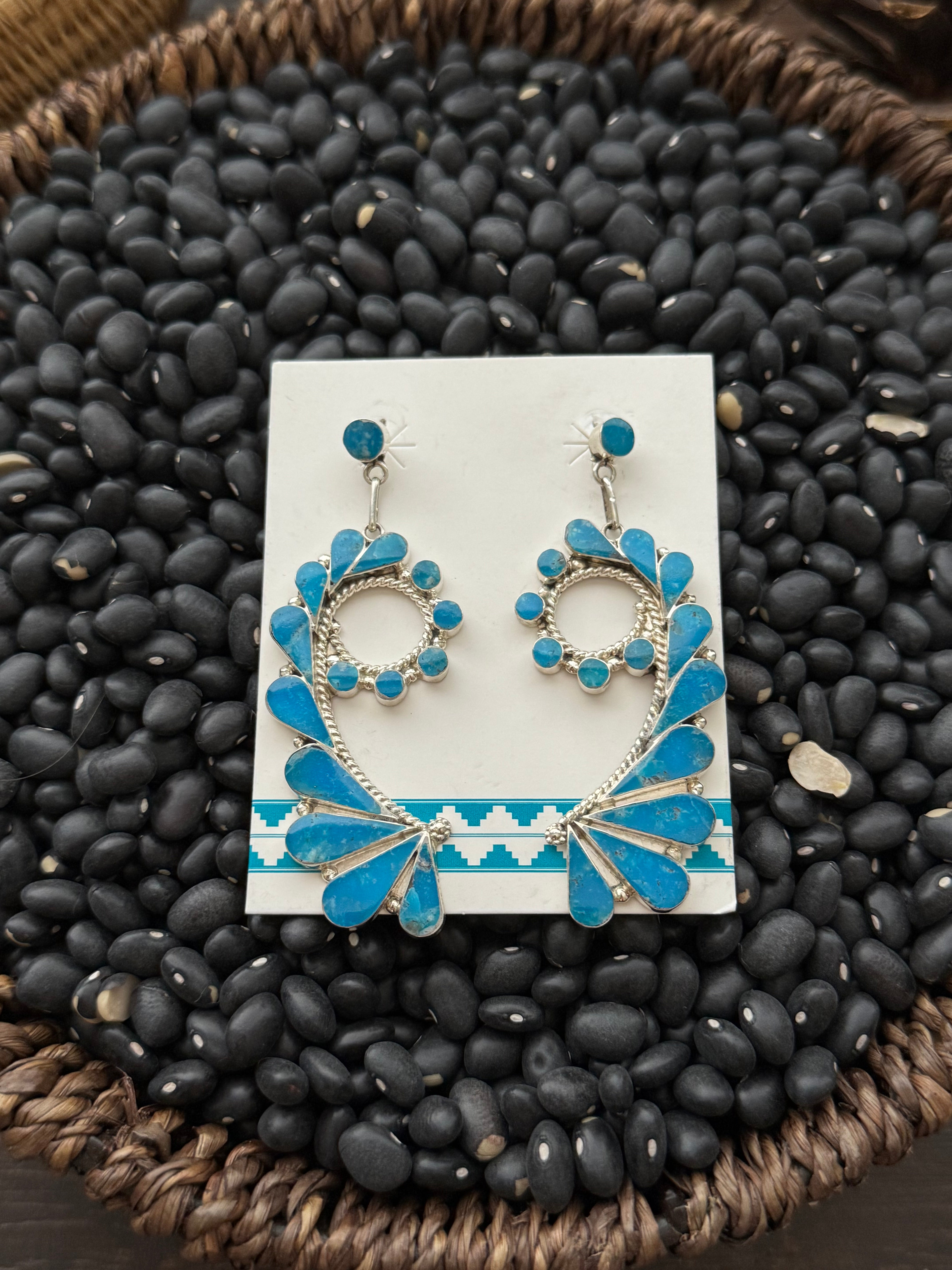 Zuni Made Kingman Turquoise & Sterling Silver Inlay Dangle Earrings