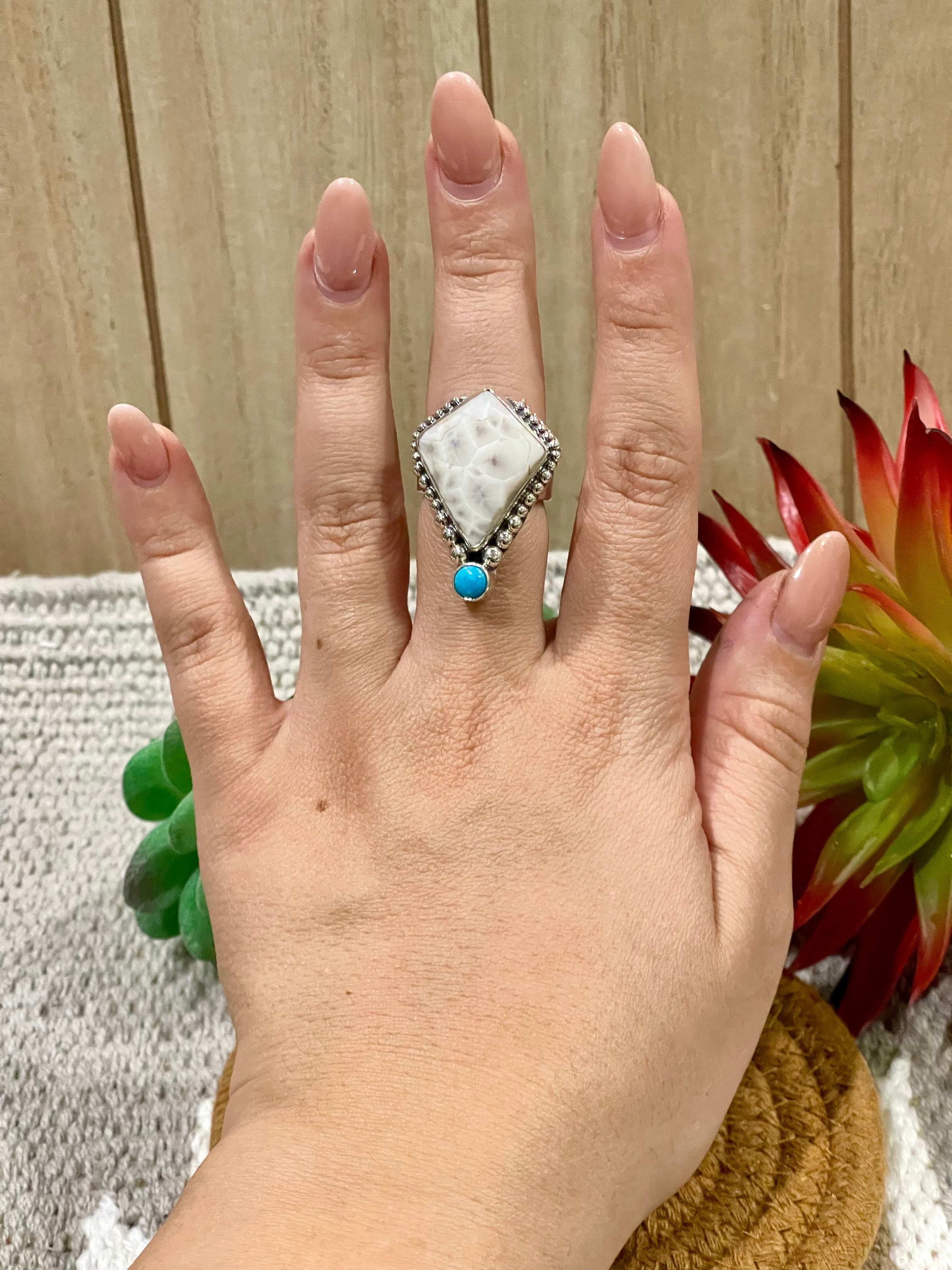 Southwest Handmade Pink Larimar With Kingman Turquoise & Sterling Silver Adjustable Ring