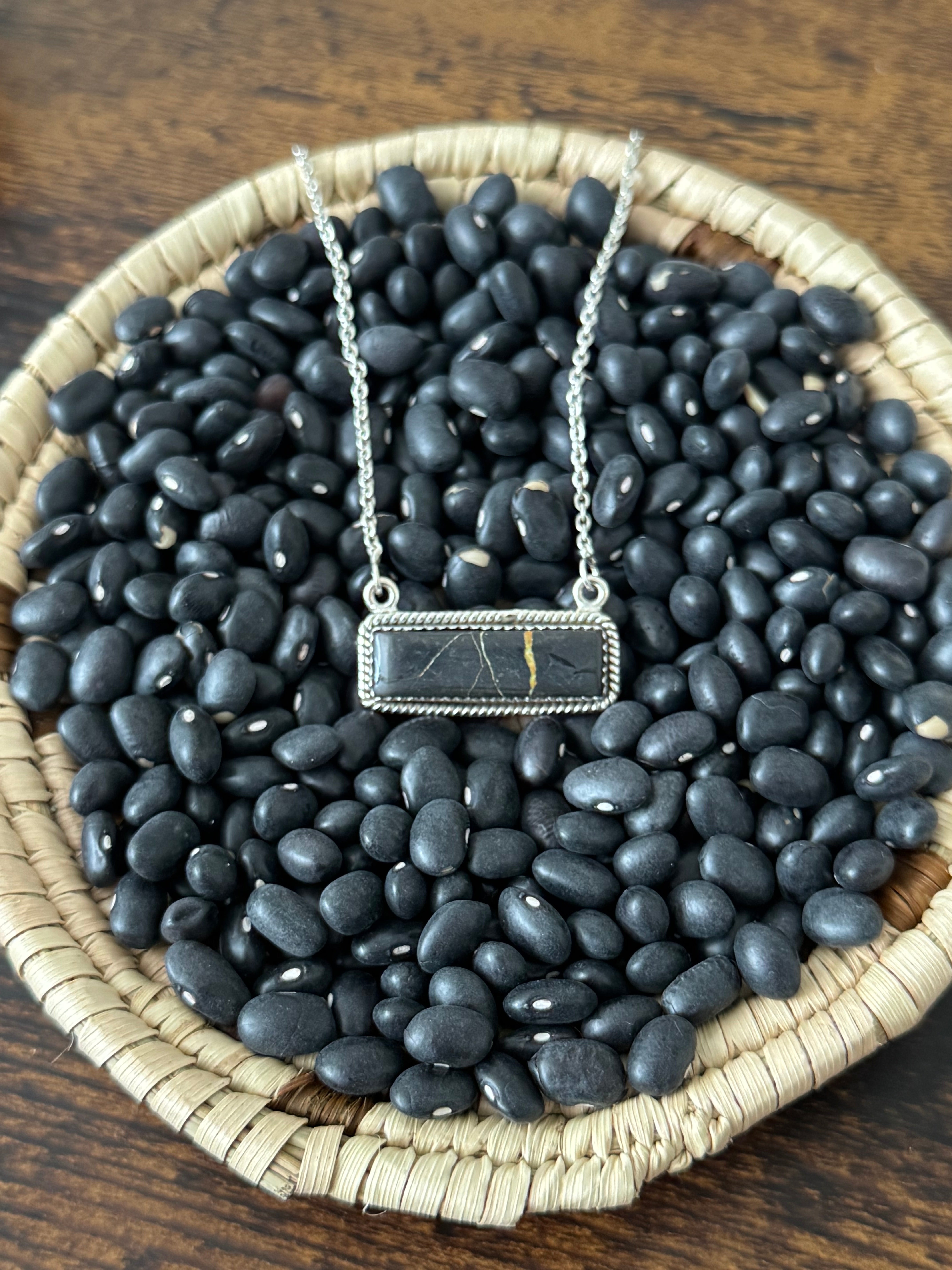 Southwest Handmade Black Jack Turquoise & Sterling Silver Bar Necklace