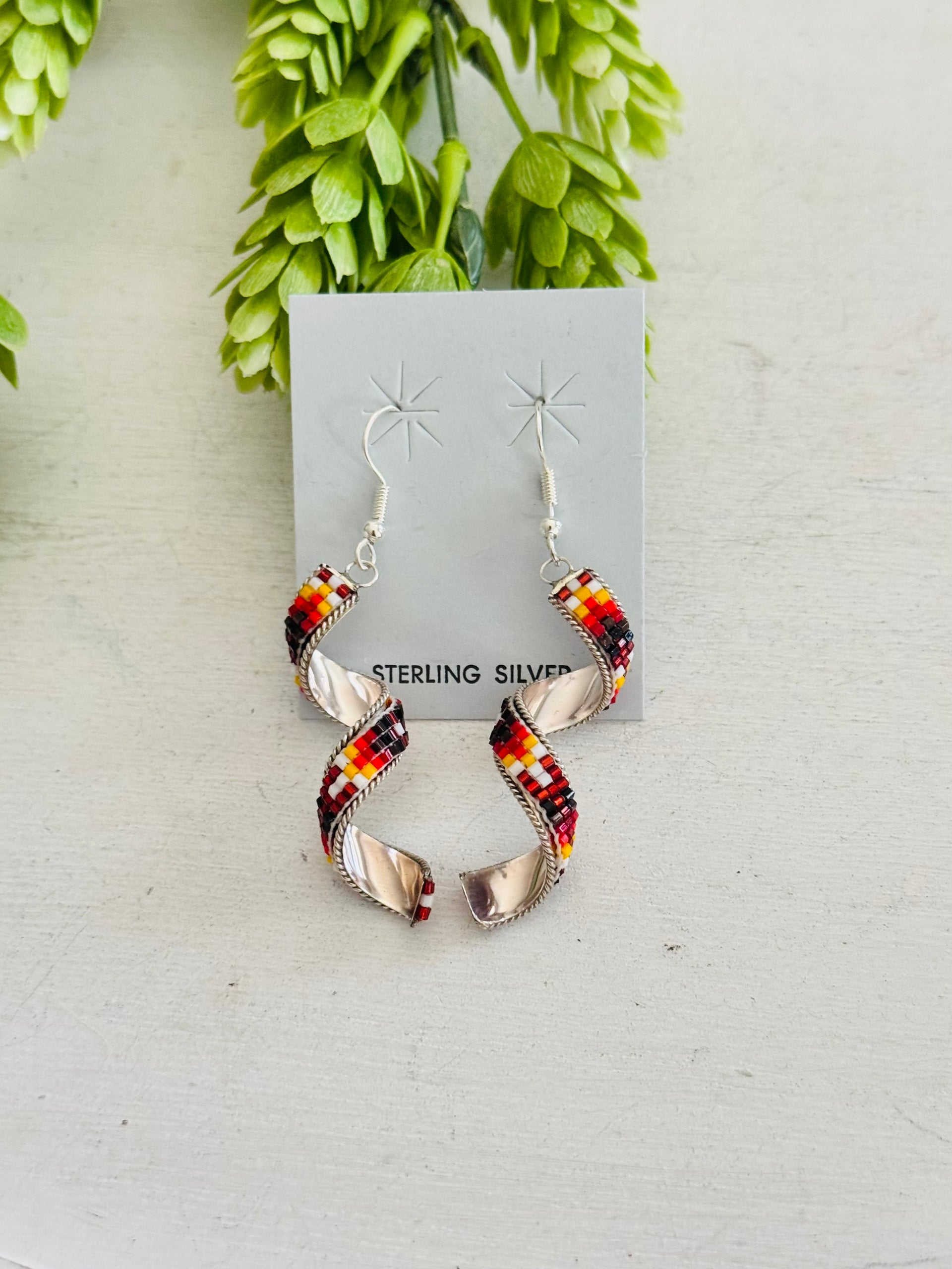 Navajo Strung Sterling Silver Backed Beaded Dangle Earrings